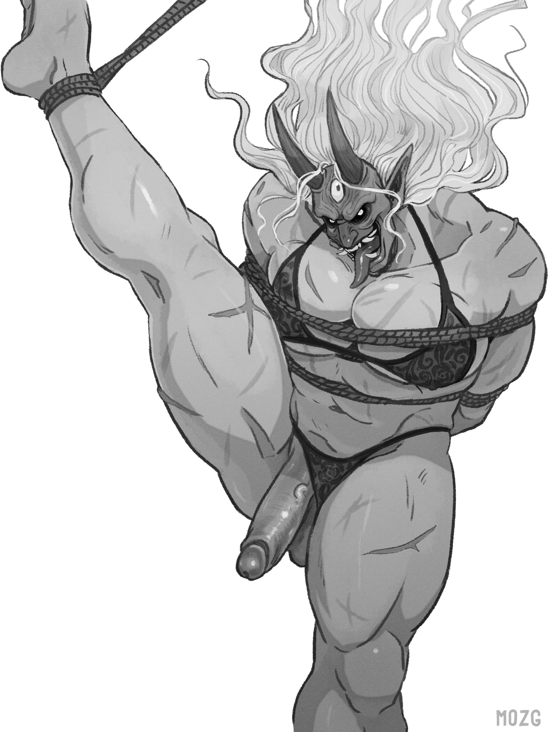 1boy, bara, bara tiddies, bara tits, big penis, bondage, breasts, crossdressing, dead by daylight, gay, huge cock, kazan yamaoka, large penis, lingerie, lingerie only, male, male only, malesub, masculine crossdresser, mozgistired, penis, presenting penis, rope, rope bondage, rope harness, ropes, shibari bondage, shibari over clothes, submission, submissive, submissive male, the oni (dbd), tied, tied hands, tied up, yaoi