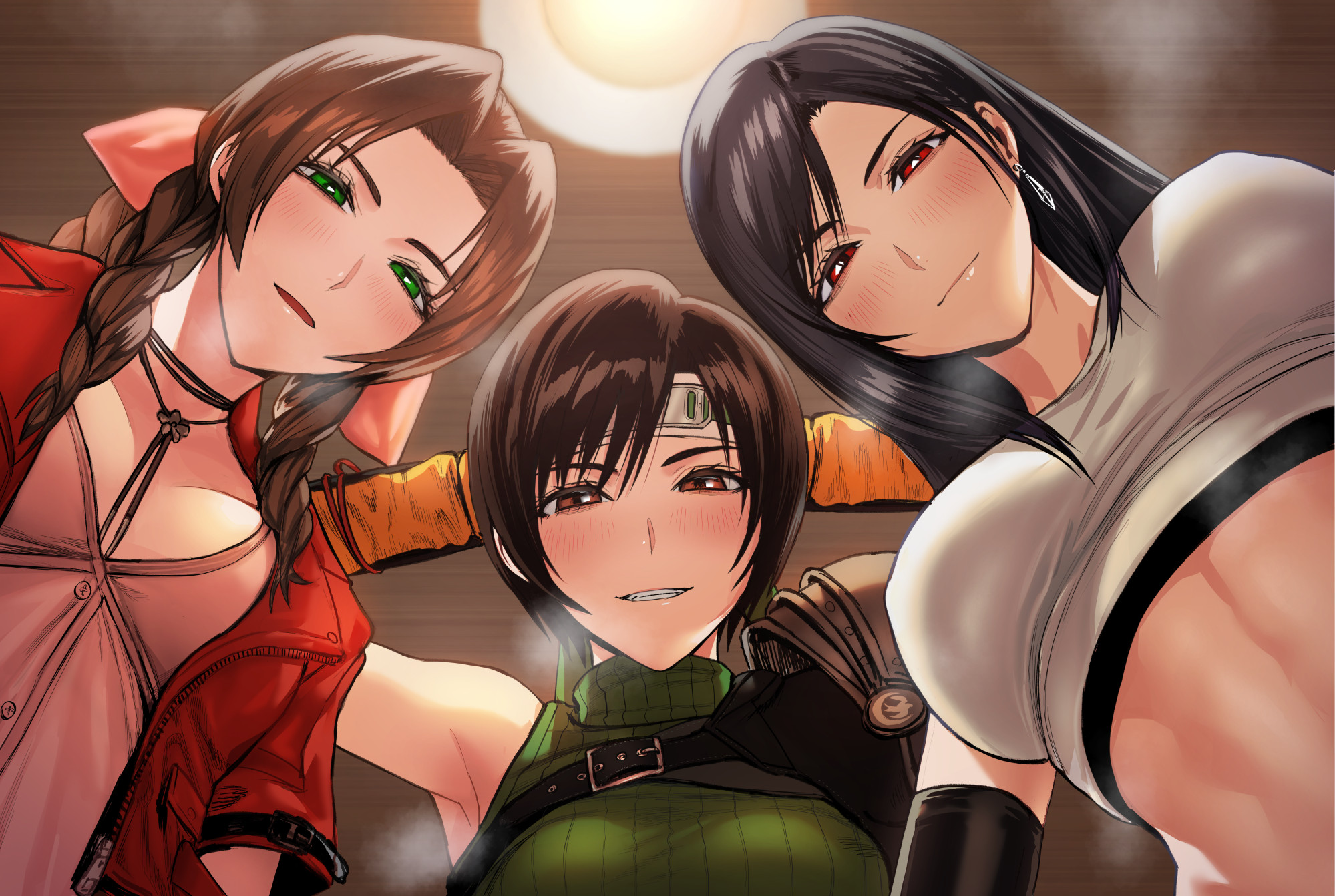 3girls, aerith gainsborough, arms behind head, black hair, blush, bow, breasts, breath, brown eyes, brown hair, commentary request, covered nipples, cropped jacket, dress, female, final fantasy, final fantasy vii, final fantasy vii rebirth, final fantasy vii remake, forehead protector, from below, green eyes, highres, jacket, large breasts, light blush, long hair, looking at viewer, medium breasts, multiple females, multiple girls, naughty face, pink background, pink bow, pink dress, red eyes, red jacket, sgk, short hair, sleeveless, sleeveless turtleneck, steaming body, taker pov, tifa lockhart, toned, toned female, turtleneck, you gonna get raped, yuffie kisaragi