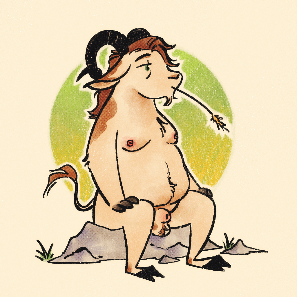animal_genitalia anthro ball_tuft belly_tuft bovid bovid_horn brown_body brown_fur brown_hair caprine caprine_horn casual_exposure casual_nudity chest_tuft fur genitals goat grass hair hand_on_knee hand_on_leg hay hooves horn humanoid long_hair looking_away male male_only mammal nipples on_rock pink_nipples plant ram_horn rock sheath simple_background sitting sitting_on_rock solo spread_legs spreading straw_(disambiguation) tan_body tan_fur tuft vickydanne