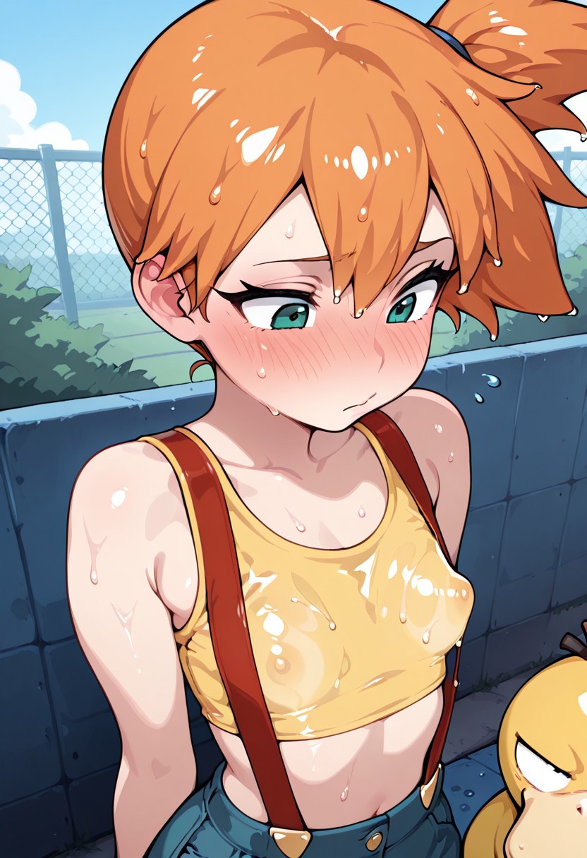 ai generated, blue jean shorts, blush, embarrassed, female, flat chest, green eyes, kasumi (pokemon), orange hair, pokemon, pokemon (species), psyduck, puffy nipples, red suspenders, see-through clothing, suspenders, wet body, wet clothes, wet hair, yellow crop top