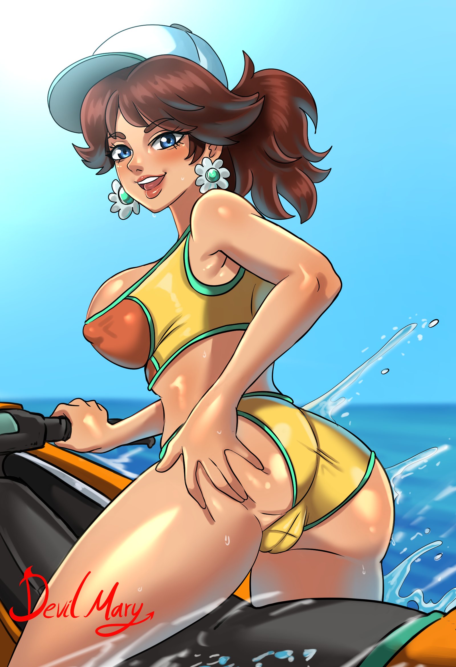 1girls, ass, big ass, big breasts, blue eyes, bottomwear, breasts, brown hair, cameltoe, devilmarie, ear piercing, earrings, female, female only, flower earrings, hair, hand on ass, hat, headwear, huge breasts, jetski, looking back, mario (series), mario kart, mario kart world, nintendo, nipple bulge, official alternate costume, princess daisy, princess daisy (swimwear), pussy, smile, solo, solo female, swimwear, thighs, topwear