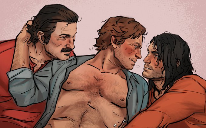 arm hair, arthur morgan, beard, beard stubble, blush, blushing, body hair, chest hair, color, dutch van der linde, embrace, facial hair, gay, hand on another's head, handjob, holding, john marston, male, male only, male/male/male, muscular, muscular male, mustache, nipples, offscreen handjob, older male and younger male, pecs, pseudo incest (lore), red dead redemption (series), red dead redemption 2, romantic ambiance, shirt open, skibiborg, yaoi