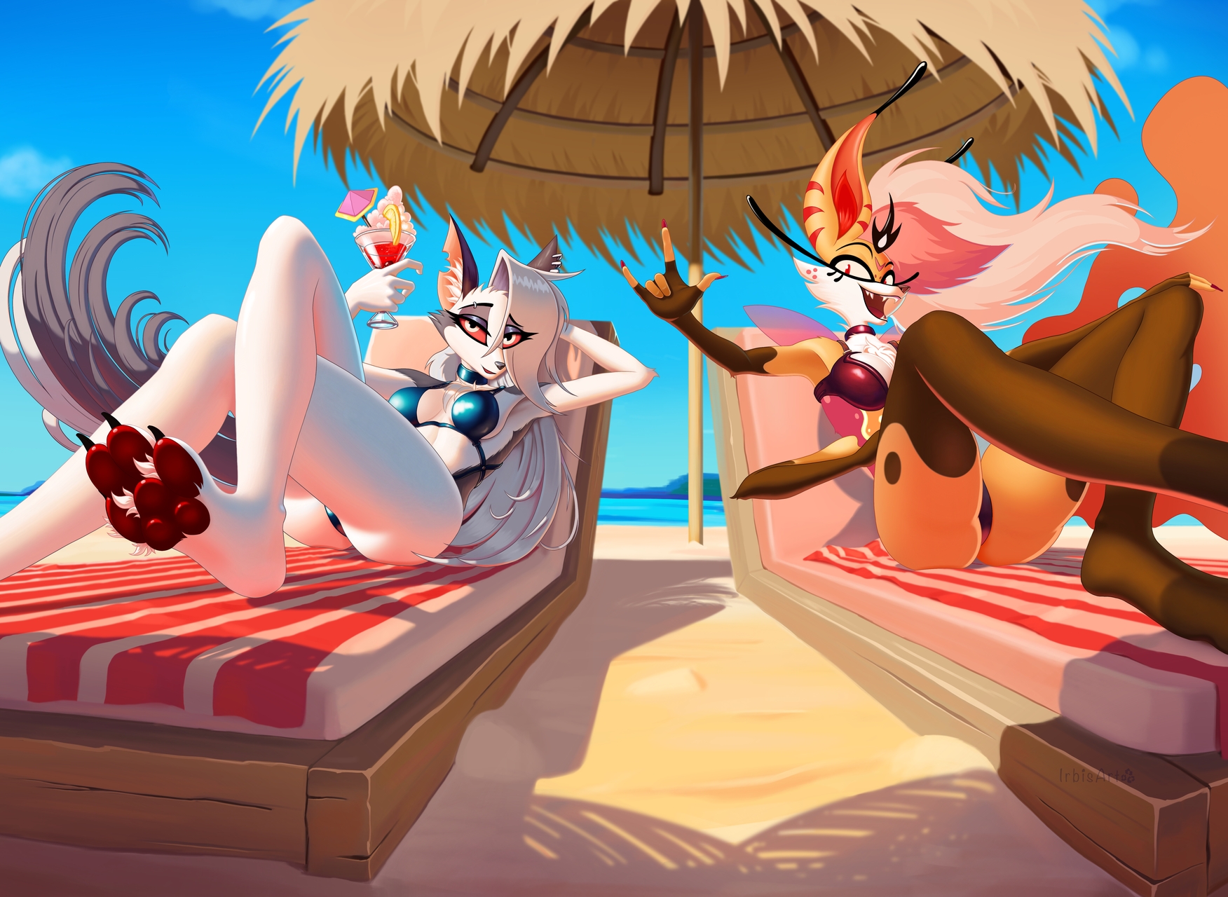 2demons, 2girls, 5 fingers, antennae (anatomy), anthro, arthropod, beach, beach chair, beach umbrella, bee, beverage, biped, black body, black bra, black clothing, black fur, black nose, black underwear, bra, canid, canid demon, canine, canis, choker, clothing, cloud, crossed legs, day, demon, detailed background, drawx, duo, ethereal hair, ethereal tail, eyebrow piercing, eyebrows, eyelashes, facial piercing, fangs, female, fingers, fox, freckles, fur, glistening, glistening body, grey body, grey fur, grey hair, hand behind head, head markings, hellhound, helluva boss, hi res, holding glass, holding object, hymenopteran, insect wings, insects, jewelry, looking at viewer, loona (helluva boss), lying, mammal, markings, multi arm, multi limb, multicolored body, multicolored fur, multicolored hair, multicolored tail, mythological canine, mythological creature, mythology, necklace, on back, open mouth, open smile, orange body, orange fur, orange sclera, orange tail, outside, panties, parasol, pawpads, paws, piercing, pink eyes, pink hair, queen bee-lzebub (helluva boss), red sclera, sand, sea, seaside, smile, tail, teeth, tuft, two-tone body, two-tone fur, two-tone legs, underwear, water, wings, wolf