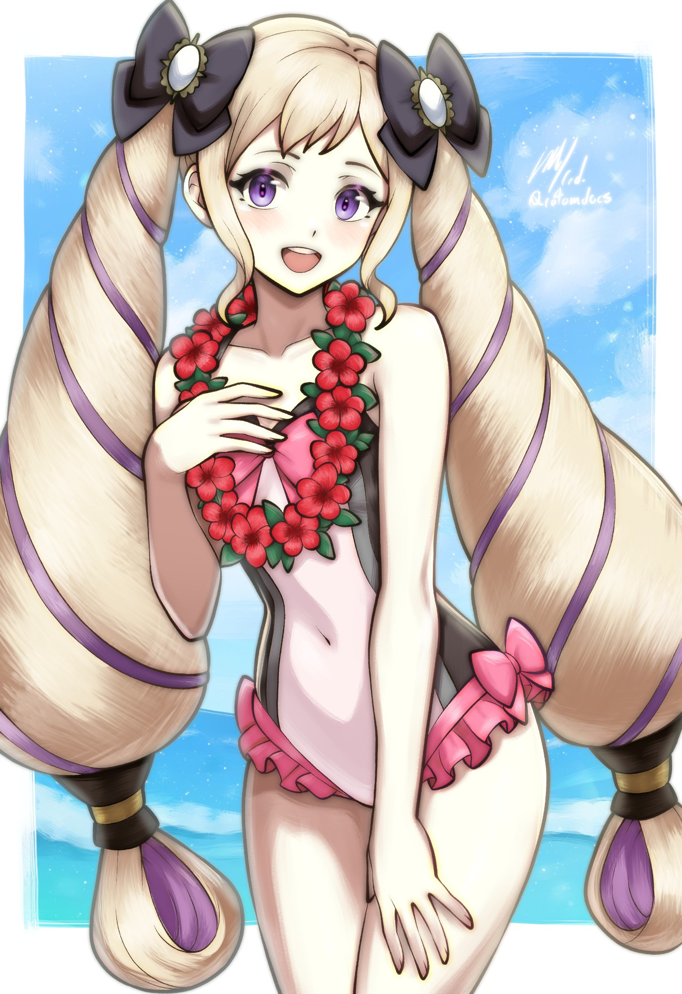 1girls, bare thighs, beach, belly button, breasts, cute, elise (fire emblem), female, fire emblem, fire emblem fates, lei, nintendo, princess, purple eyes, rotomdocs, sfw, small breasts, smile, smiling, smiling at viewer, solo, swimsuit, thighs, twintails