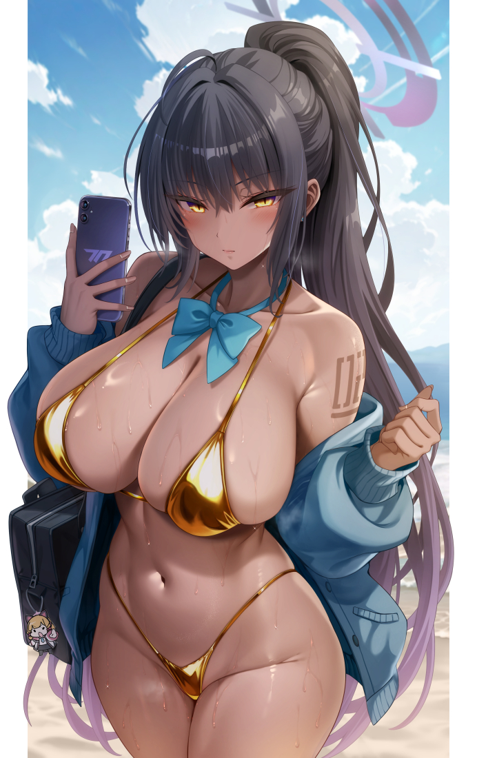 1girls, bikini, black hair, blue archive, blue sweater, blush, breasts, cleaning & clearing (blue archive), cleavage, dark skin, dark-skinned female, female, female focus, female only, gold bikini, halo, karin (blue archive), karin (school uniform) (blue archive), large breasts, long hair, long sleeves, looking at viewer, millennium science school student, navel, off shoulder, oni-noboru, solo, sweater, swimsuit, yellow eyes
