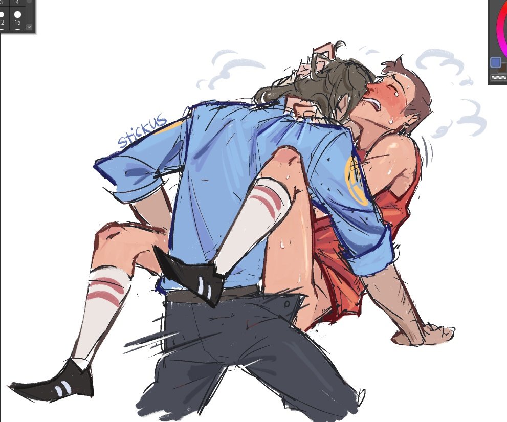 anal, art program in frame, artist signature, blush, blushing profusely, bottomless, clothed sex, eyes closed, freckles, gay, implied anal, implied penetration, implied sex, male, male only, male penetrating, male/male, on back, pulling hair, scout (team fortress 2), sniper (team fortress 2), socks, speed lines, stickus (artist), sweat, sweating, team fortress 2, tears, tf2, tshirt, twink, valve, valve (company), yaoi