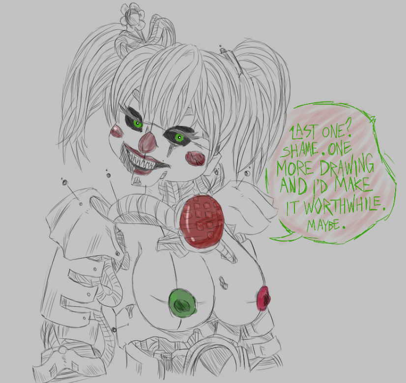 animatronic animatronic_female black_sclera breasts breasts_out clown clown_girl clown_nose creepy damaged female five_nights_at_freddy's green_eyes green_text haunted looking_at_viewer messy_hair red_cheeks robot robot_girl robot_humanoid scrap_baby sharp_teeth solo text tiara torn_clothes twintails