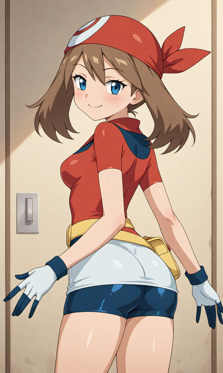 1girl 1girls ai_generated ass bedroom_eyes biker_shorts black_shorts blue_eyes blush brown_hair clothed clothing female female_focus female_only fully_clothed fully_clothed_female gloves grin grinning grinning_at_viewer kslgsnb looking_at_viewer looking_back looking_back_at_viewer may_(pokemon) non-nude pixai pokemon pokemon_rse red_bandana red_jacket seductive seductive_body seductive_eyes seductive_gaze seductive_look seductive_pose seductive_smile sexy sexy_pose shorts showing_off showing_off_ass smile smiling smiling_at_viewer tagme thick_thighs thighs tight_clothing white_gloves