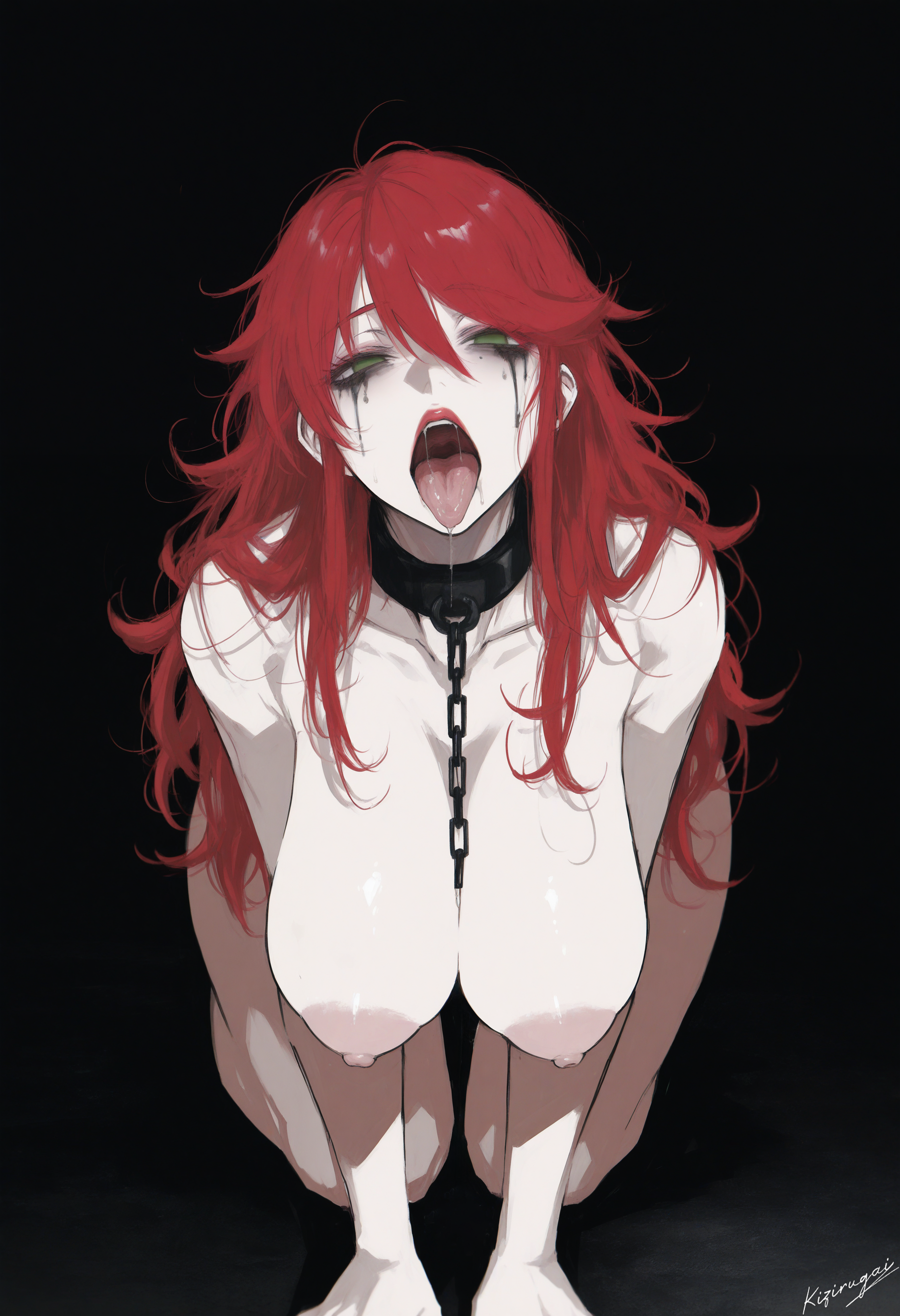 1girls, ai generated, areolae, bad end, black background, blank eyes, blank stare, breasts, chain leash, collar, completely nude, female, female only, green eyes, kizirugai, large areolae, large breasts, light skin, light-skinned female, long hair, looking at viewer, nipples, nude, nude female, on all fours, open mouth, pale skin, pale-skinned female, pyrrha nikos, red hair, running mascara, runny makeup, rwby, simple background, slave, slave collar, solo, solo female, submissive, submissive female, tagme