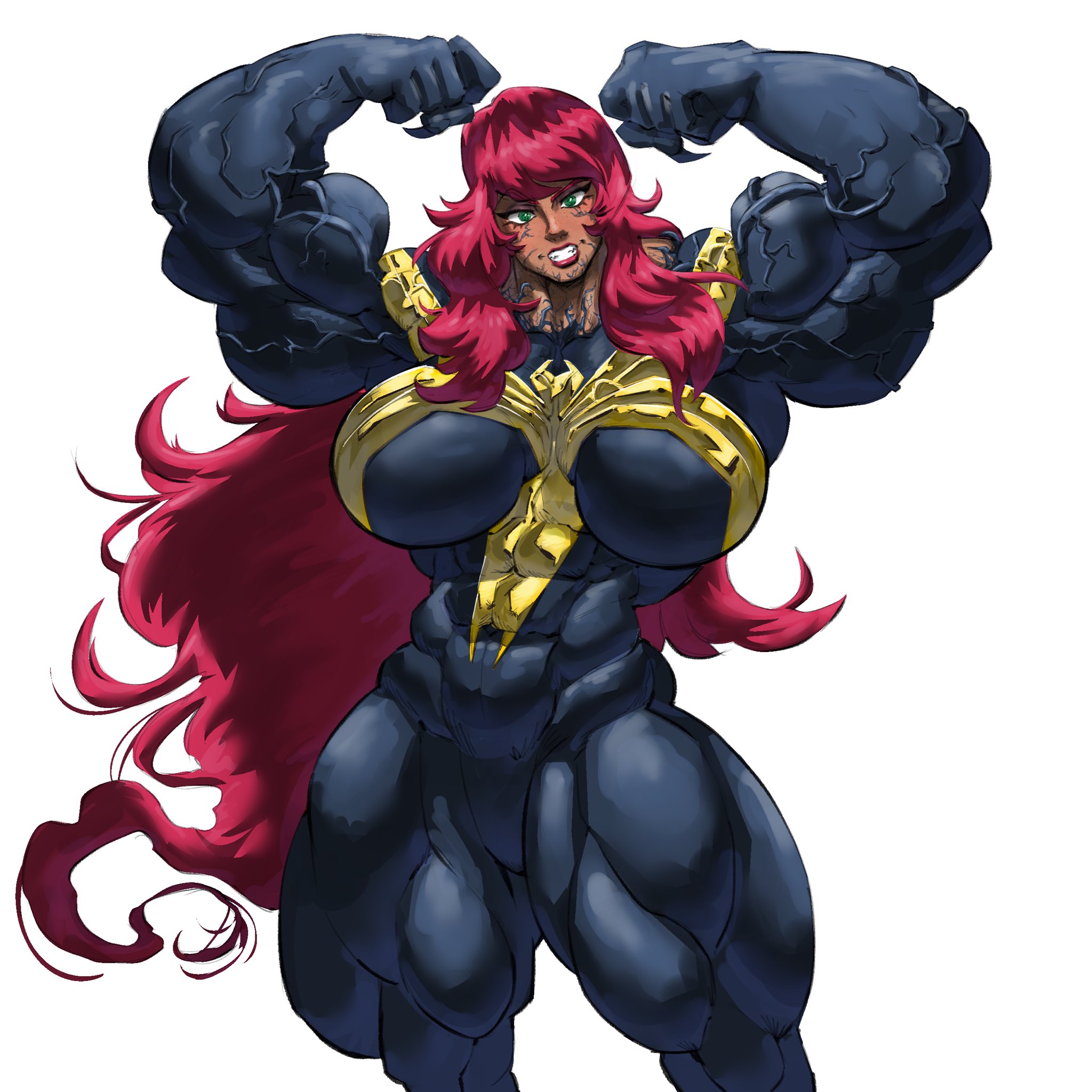 1girls, abs, all-new venom, biceps, big breasts, big muscles, black bodysuit, breasts, clawed fingers, claws, color, colored, female, flexing, green eyes, huge breasts, huge muscles, justgoodnotgr8 (artist), long hair, marvel, marvel comics, mary jane watson, muscles, muscular, muscular female, posing, red hair, spider-man (series), symbiote, tan body, thick thighs, veiny muscles, venom (marvel), venom (mary jane watson) (marvel), white background