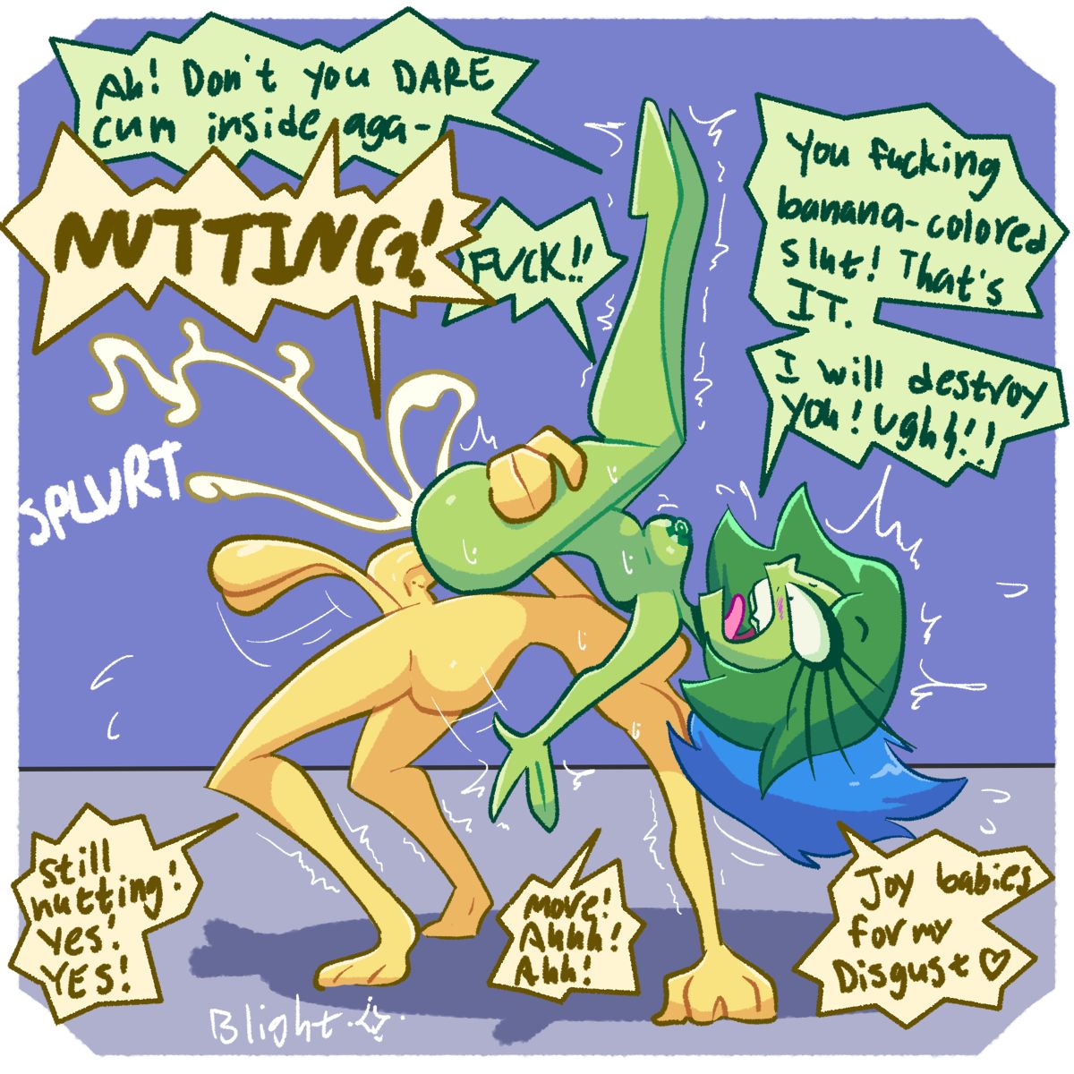 1futa, 1girls, blightstar, blue hair, blush, breasts, completely nude, cum, cum in pussy, cum inside, dialogue, disgust (inside out), disney, english text, female, futa on female, futa/female, futanari, grabbing, grabbing from behind, grabbing legs, green body, green hair, green skin, inside out, intersex, joy (inside out), leg grab, medium breasts, medium hair, nipples, nude, nude female, nude futa, nutting, open mouth, penetration, pixar, pussy, sex, sex from behind, short hair, speech bubble, sweat, text, tongue, vaginal insertion, vaginal penetration, vaginal sex, yellow body, yellow skin