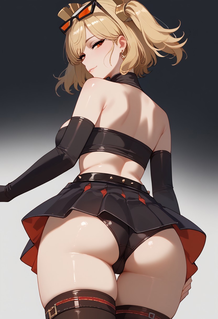 ai generated, ass, ass focus, back, back view, big ass, blonde hair, burnice white, fat ass, female, hexd, low-angle view, miniskirt, oiled ass, red eyes, smirking, zenless zone zero