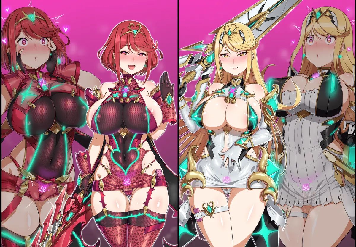 2girls, alternate costume, bimbofication, blonde hair, brainwashed, brainwashing, breasts, cameltoe, colored, core crystal, core crystal (xenoblade), corruption, enemy conversion, evil, evil smile, gloves, gozaru, heart, heart-shaped pupils, huge breasts, japanese text, jewlery, leopard print, looking at viewer, mind control, monolith soft, mythra, mythra (xenoblade), nintendo, nipple bulge, nipples, nipples visible through clothing, pubic tattoo, pussy, pussy juice, pussy visible through clothes, pyra, pyra (xenoblade), red eyes, red hair, smiling, smiling at viewer, smug face, tattoo, text, thick thighs, tiara, vibrator, wedding ring, wide hips, xenoblade (series), xenoblade chronicles 2, yellow eyes