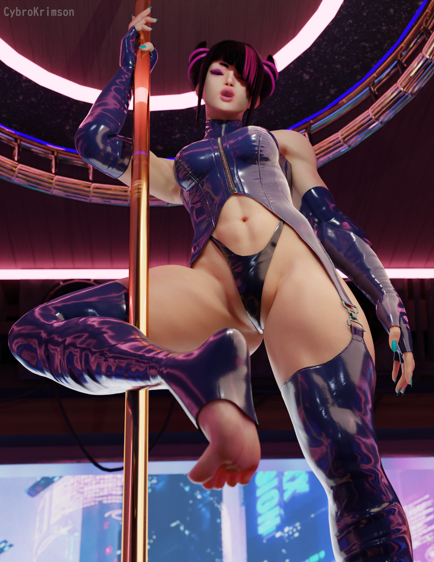 1girls, 3d, bangs over one eye, blender, cyberpunk, cybrokrimson, female, female only, fingerless gloves, g string, garter straps, gloves, juri han, latex clothing, latex gloves, latex thighhighs, licking lips, purple latex, seductive, seductive pose, solo, street fighter, street fighter 6, stripper pole, thighhighs, thong, toeless legwear