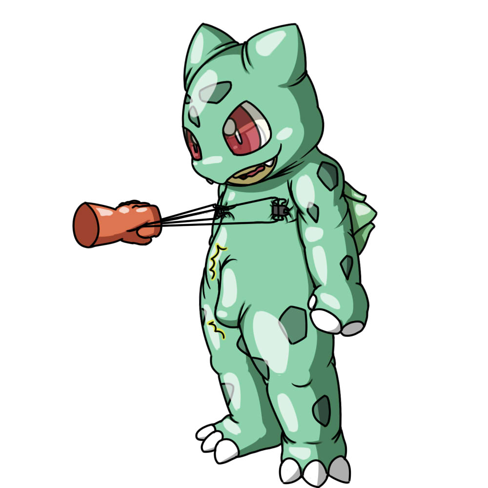 1boy anthro bulbasaur bulge disembodied_hand latex male male_only nintendo nipple_pinch nipple_play nipple_pull nipple_torture pokémon_(species) pokemon pokemon_rgby rubber_suit solo_focus soukouryu standing unknown_species