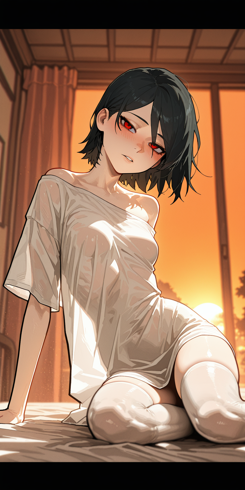 1girls, ai generated, bedroom, bedroom eyes, black hair, blush, boruto: naruto next generations, breasts, female, head tilt, horny, loose clothes, messy hair, molamaxuy, naruto, naruto (series), off-shoulder shirt, on bed, oversized clothes, parted lips, red eyes, sarada uchiha, see-through, sexy, short hair, silhouette, skinny, small breasts, solo, sunset, white shirt, white socks