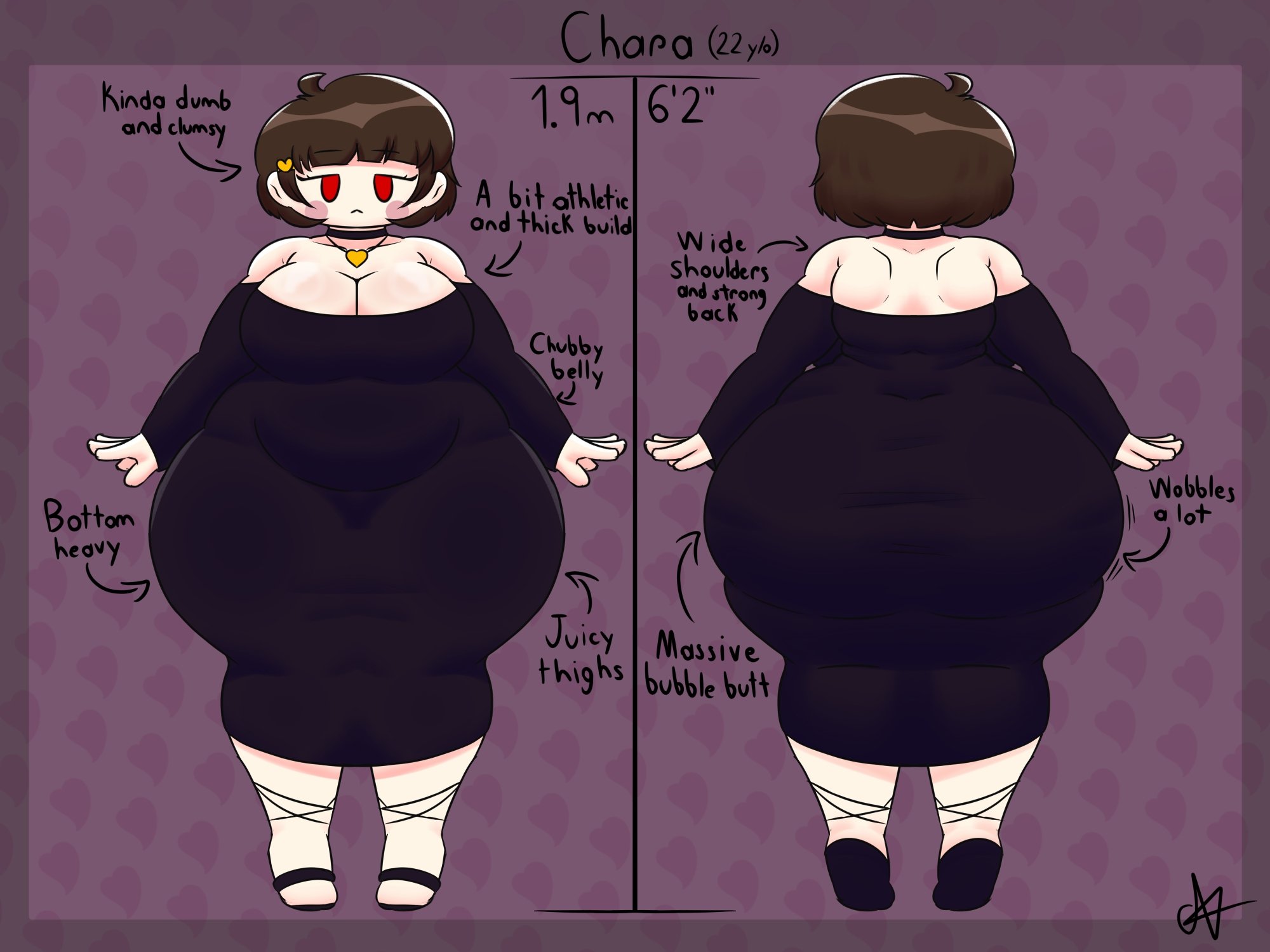 1girls, 22 years old, 2d, 2d (artwork), 2d artwork, artist signature, big ass, big breasts, big butt, black clothing, brown hair, brown hair female, brunette, brunette female, brunette hair, bubble ass, bubble butt, chara, character sheet, chubby, chubby female, color, digital drawing (artwork), digital media (artwork), english, english text, fatass, fatso, female chara, hairpin, heart hairclip, heart locket, heart necklace, light skin, light-skinned female, massive ass, massive butt, milf body, nitnat, obese, red eyes, reference image, reference sheet, rosy cheeks, short hair, text, undertale, undertale (series)