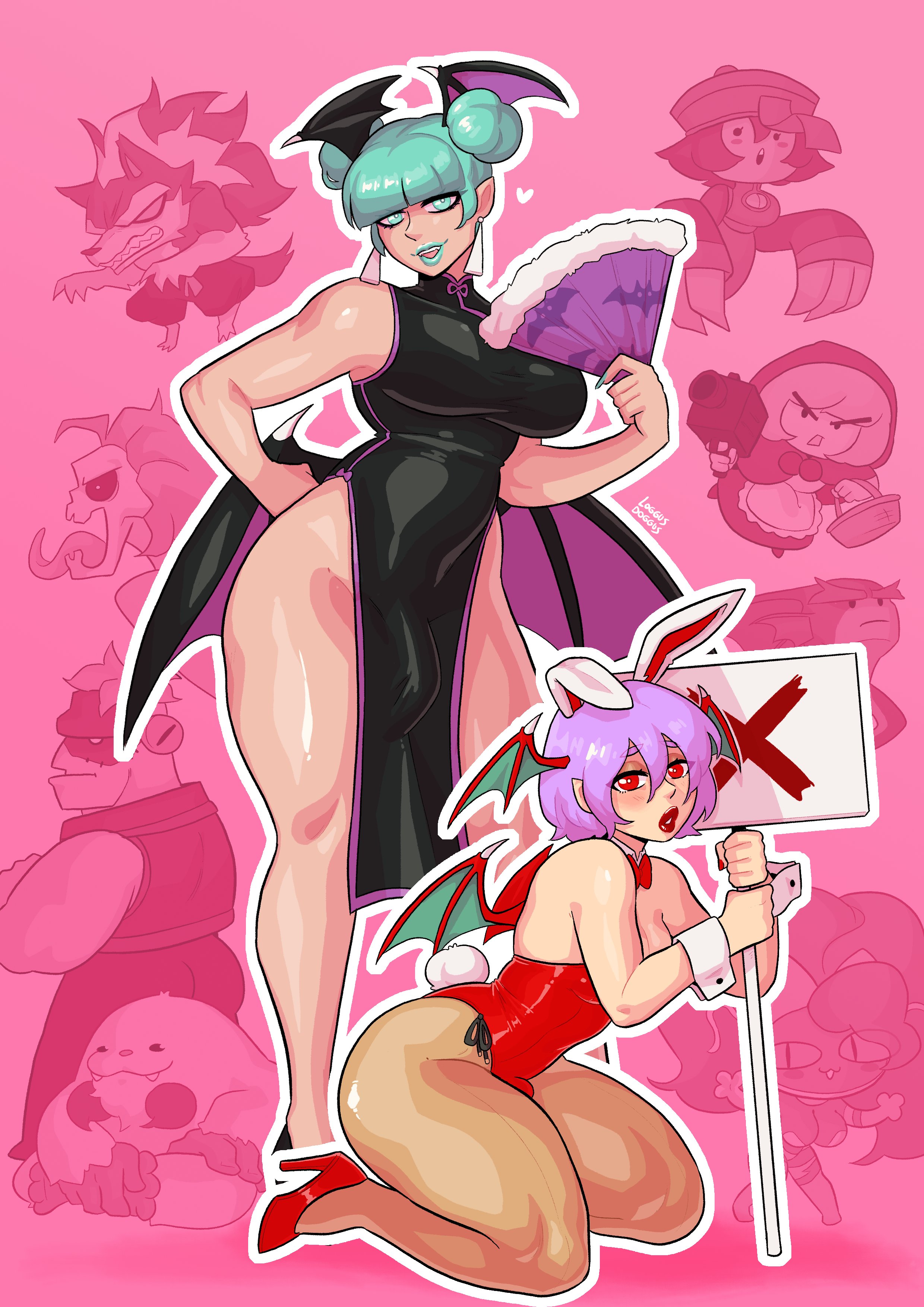 2futas, alternate hairstyle, alternate version available, ass, aulbath, baby bonnie hood, big breasts, breasts, bulge, bulleta, bunny ears, bunny tail, bunnysuit, capcom, chinese clothes, darkstalkers, demon, dress, felicia (darkstalkers), futa only, futanari, gallon, green eyes, green hair, green lipstick, hair buns, hand fan, hand on hip, head wings, heels, hsien ko, intersex, jon talbain, kneeling, large breasts, lei lei, lei-lei, lilith aensland, loggus doggus, looking at viewer, lord raptor, morrigan aensland, multiple futa, pantyhose, penis, penis bulge, pointy ears, purple hair, red eyes, red lipstick, rikuo, sasquatch (darkstalkers), smiling, smiling at viewer, succubus, succubus wings, thick thighs, twin buns, very high resolution, victor von gerdenheim, wings, wrist cuffs, zabel zarock