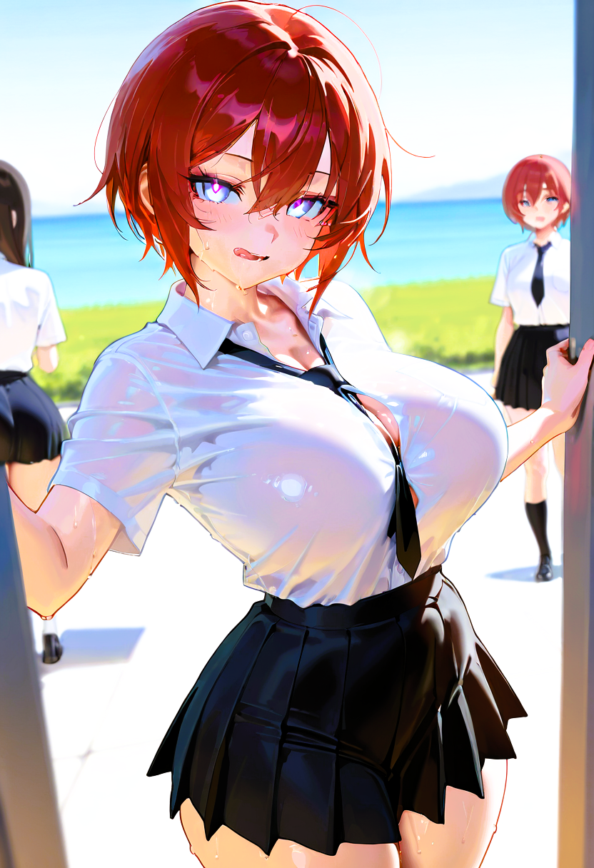 ai_generated blue_eyes highres large_ass large_breasts licking_lips original_character red_hair school_uniform short_hair skirt thick_thighs