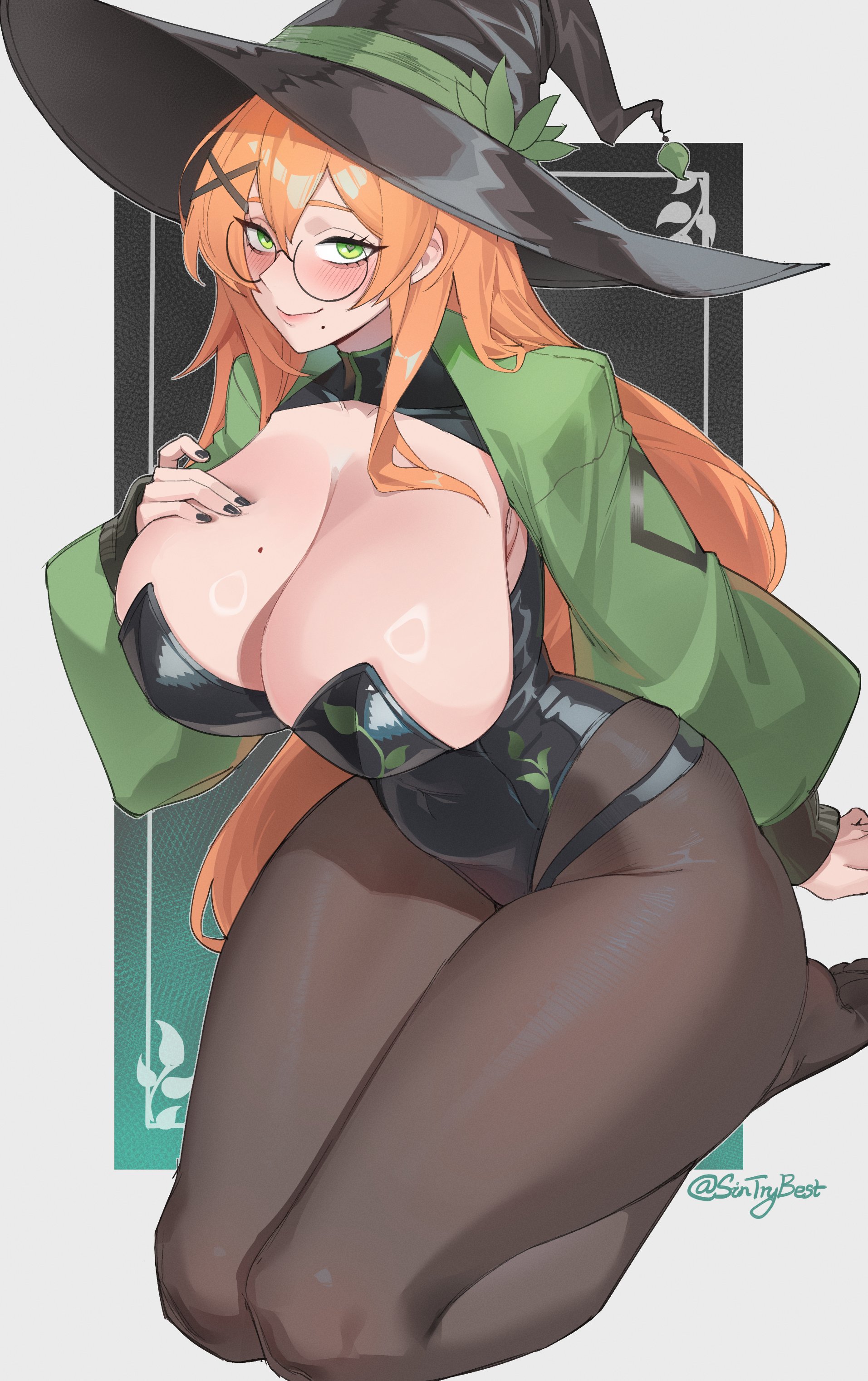 1girls, big breasts, black nails, blush, breasts, bunnysuit, cleavage, commission, female, female only, glasses, green eyes, hair between eyes, kneeling, leotard, long hair, looking at viewer, mole, mole on breast, nail polish, orange hair, painted nails, pantyhose, round glasses, sintrybest, smiling, smiling at viewer, solo, sorceress, thick thighs, very high resolution, witch hat
