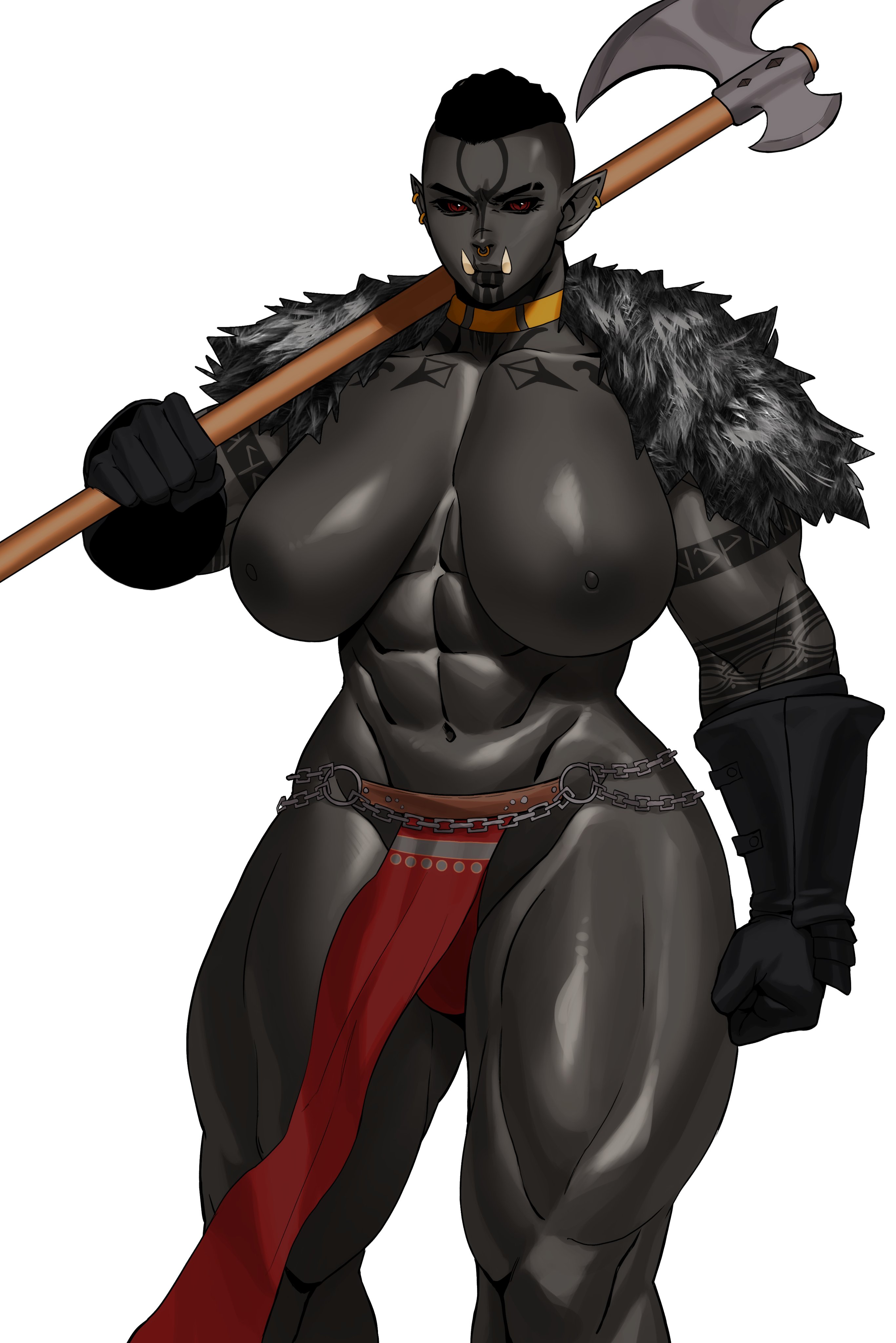 1girls, abs, absurd res, areolae, axe, big breasts, black hair, black sclera, black skin, breasts, dark skin, dark-skinned female, earrings, female, female only, gloves, huge breasts, loincloth, looking at viewer, muscles, muscular, muscular female, muscular thighs, nipples, nose ring, orc, orc female, pointy ears, red eyes, shaved side, solo, sotcho, weapon, weapon over shoulder, white background