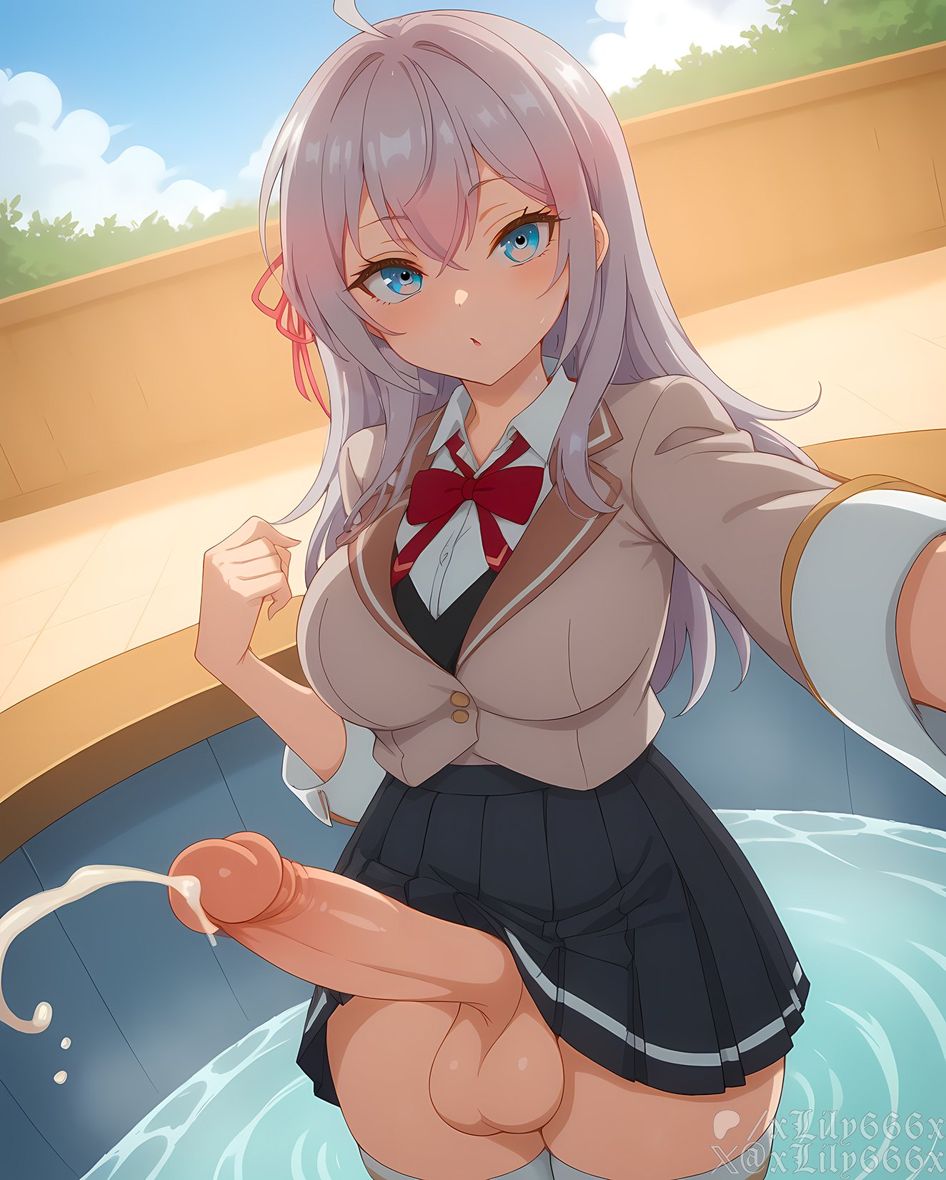 1futa, 2d, 4k, ahoge, ai generated, balls, bangs, black skirt, blue eyes, blush, bow, bowtie, breasts, clothing, collared shirt, crossed bangs, cum, ejaculation, erection, female, futa only, futanari, grey hair, hair between eyes, hair ornament, hair ribbon, indoors, intersex, jacket, large breasts, large penis, legwear, long hair, long sleeves, looking at viewer, miniskirt, neckwear, penis, pleated skirt, projectile cum, red bow, red bowtie, red neckwear, red ribbon, ribbon, school uniform, shirt, skirt, solo, standing, symbol-shaped pupils, testicles, thighhighs, thighs, tokidoki bosotto russian de dereru tonari no alya-san, uniform, veins, veiny penis, water, white shirt, white thighhighs, xlily666x