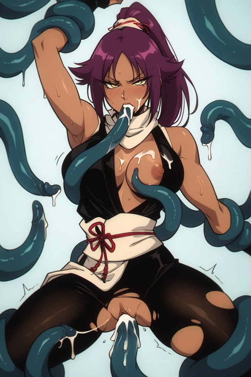 ai generated, armpits, black clothing, bleach, blowjob, breasts, cum, cum in mouth, cum in pussy, cum on breasts, dark nipples, dark skin, dark-skinned female, defeat, defeat rape, defeat sex, defeated, exposed breasts, exposed pussy, faprunner78, female, fondling, fondling breast, hair accessory, hips, long hair, looking at viewer, medium breasts, natural breasts, nipples, one breast out, purple hair, pussy, raped, shaved pussy, shihouin yoruichi, slim female, slim waist, soft breasts, tentacle, tentacle in mouth, tentacle on breast, tentacle rape, tentacle sex, tentacles around arms, tentacles around legs, thick thighs, thighs, tied hair, torn clothes, vagina, vaginal penetration, vaginal sex, waist, wide hips, yellow eyes