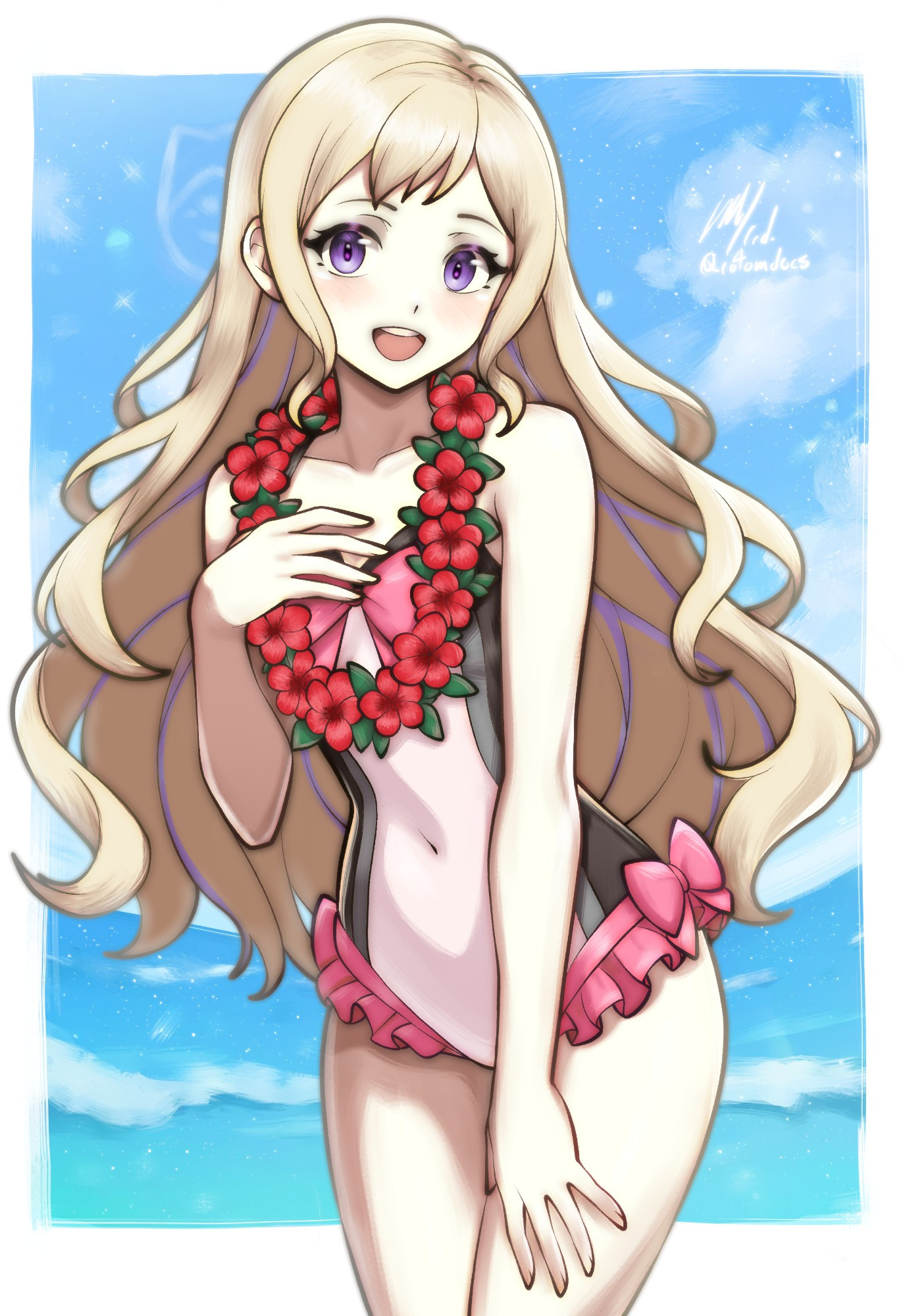 1girls, bare thighs, beach, belly button, breasts, cute, elise (fire emblem), female, fire emblem, fire emblem fates, hair down, lei, nintendo, princess, purple eyes, rotomdocs, sfw, small breasts, smile, smiling, smiling at viewer, solo, swimsuit, thighs