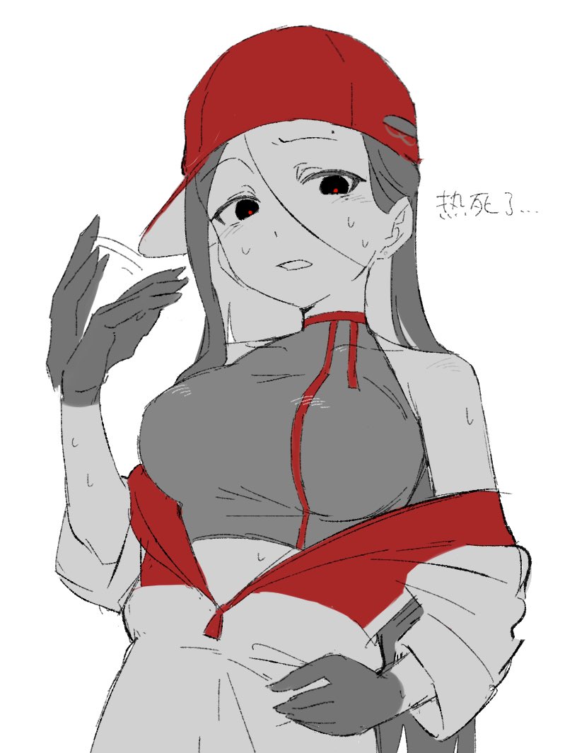 backwards baseball cap, baseball cap, butcher vanity (synthesizer v), female, flavor foley, gloves, looking at viewer, looking down, lycorisanguine, onesie, red eyes, sweat, sweating, synthesizer v, tagme, vimalion pro, yi xi (synthesizer v)