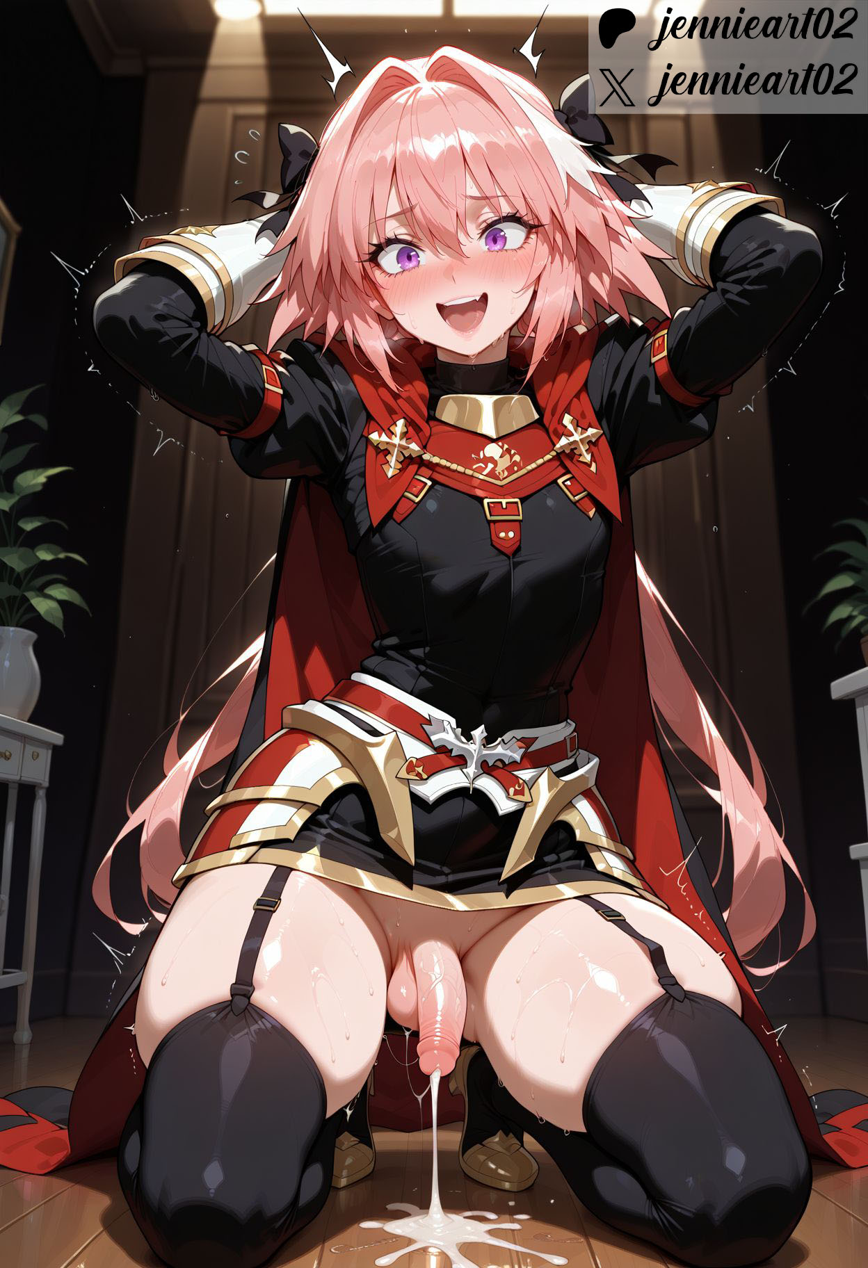1boy, after sex, ai generated, arms behind head, arms up, astolfo (fate), balls, bangs, black bow, black legwear, black thighhighs, blush, boots, bow, braid, buckle, cape, clothing, crossdressing, cum, cumdrip, dress, ejaculation, erection, fate (series), fate/apocrypha, fate/grand order, flying sweatdrops, foreskin, garter straps, genital fluids, girly, gloves, hair between eyes, hair intakes, hair ornament, hairbow, heart, indoors, jennieart02, kneeling, legwear, long hair, long sleeves, looking at viewer, male, male focus, male only, multicolored hair, oerba yun fang, open mouth, otoko no ko, patreon, patreon logo, patreon username, penis, pink hair, purple eyes, red cape, ribbon, semen, sitting, skindentation, skirt, smile, solo, streaked hair, sweat, testicles, text, thighhighs, thighs, trap, twitter, twitter username, uncircumcised, very long hair, watermark, white hair