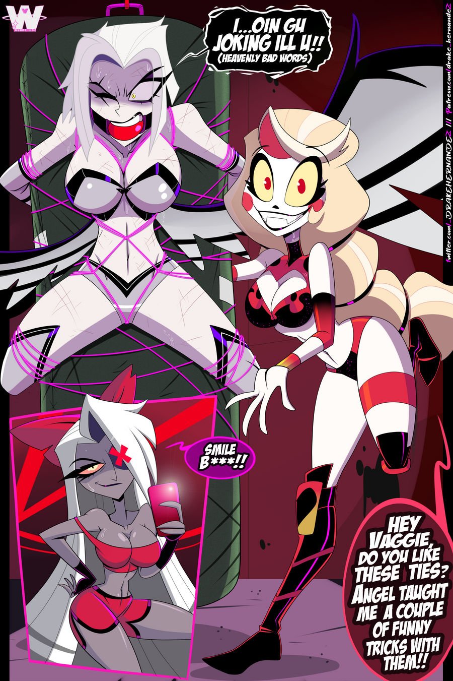 bondage, breasts, charlie morningstar (hazbin hotel), defeated, digital drawing (artwork), female, great dude, hazbin hotel, lute (hazbin hotel), sexy, thick, tied up, vaggie (hazbin hotel), vivienne medrano, vivziepop, wrestler, wrestling, wrestling ring, wwe
