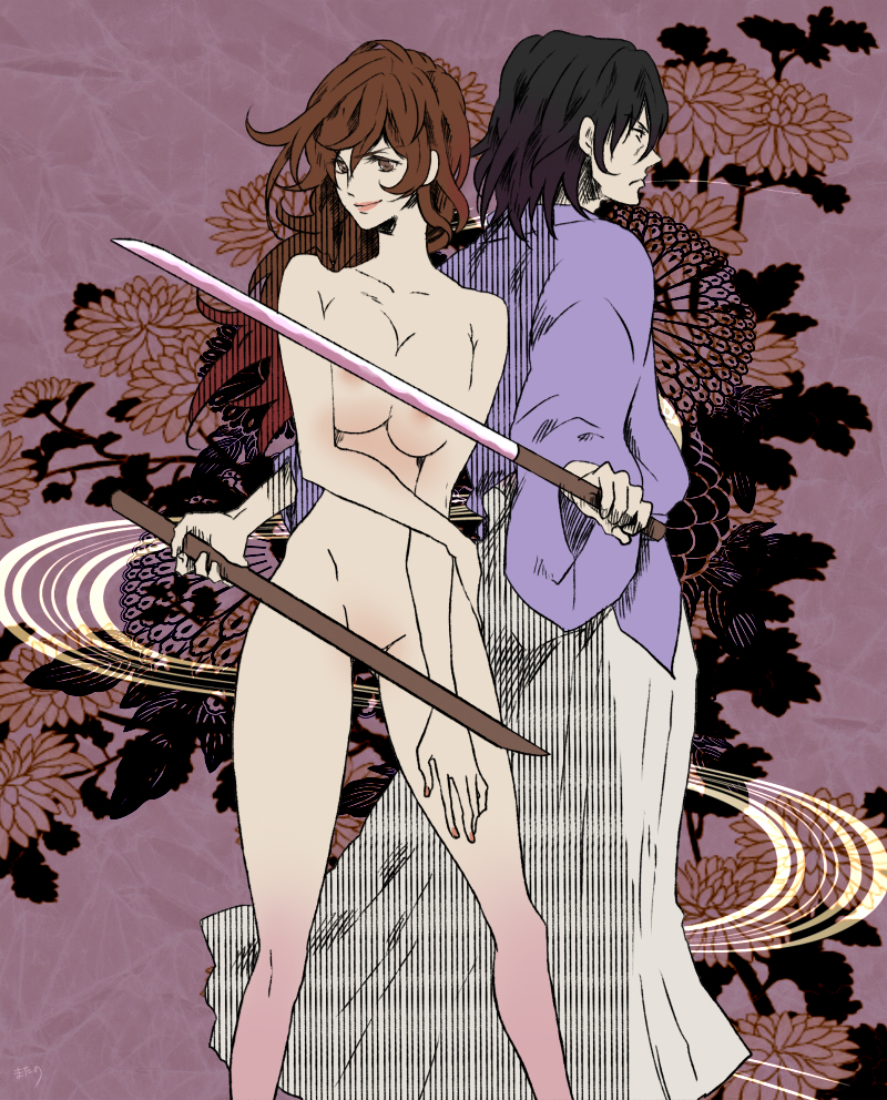 1boy 1girls artistic_error bad_anatomy bad_hands big_breasts black_hair breasts brown_hair censored clothed_male_nude_female cmnf commentary_request convenient_censoring female ishikawa_goemon_xiii katana long_hair lupin_iii male matano_maya mine_fujiko nude reverse_grip short_hair sword weapon