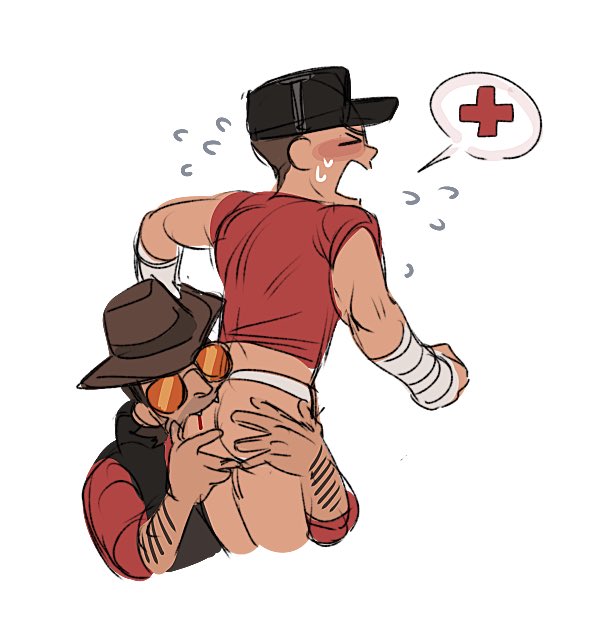 ass, ass focus, biting ass, blood, blood drip, bottomless, fangs, flustered, flustered male, gay, grabbing ass, jockstrap, male, marking territory, part of a set, plna, scout (team fortress 2), sharp teeth, silly, sniper (team fortress 2), team fortress 2, tf2, yaoi
