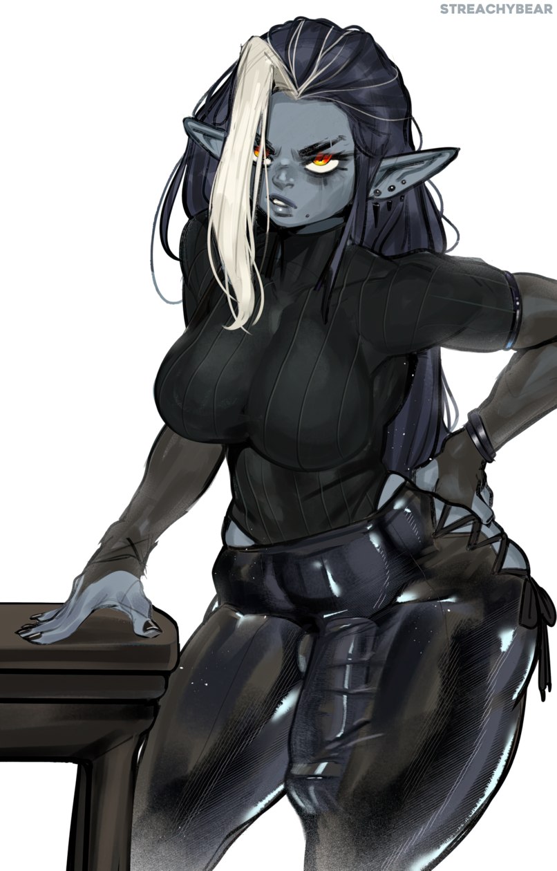 bulge, bulge through clothing, cameltail, dark elf, drow, erection, fully clothed, futanari, intersex, latex, latex leggings, latex legwear, original, solo, streachybear