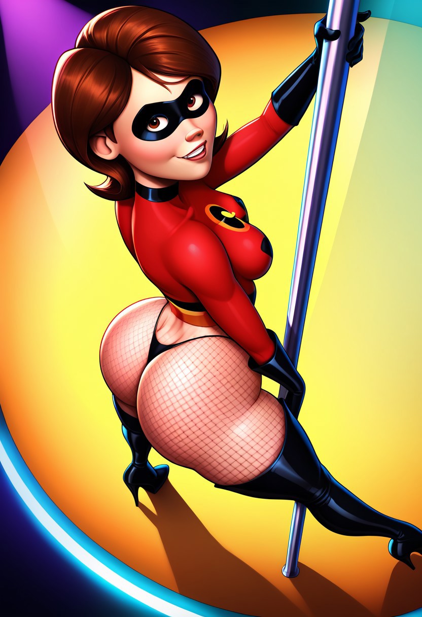 above view, ai generated, ass, black latex gloves, cartoony, domino mask, elastigirl, exotic dancer, female, fishnet pantyhose, fishnets, helen parr, high heel boots, high heels, huge ass, latex gloves, mature female, milf, mother, nightclub, pole, pole dancer, pole dancing, smile, strip club, stripper, stripper clothes, stripper pole, stripping, striptease, the incredibles, thigh boots, troythekid