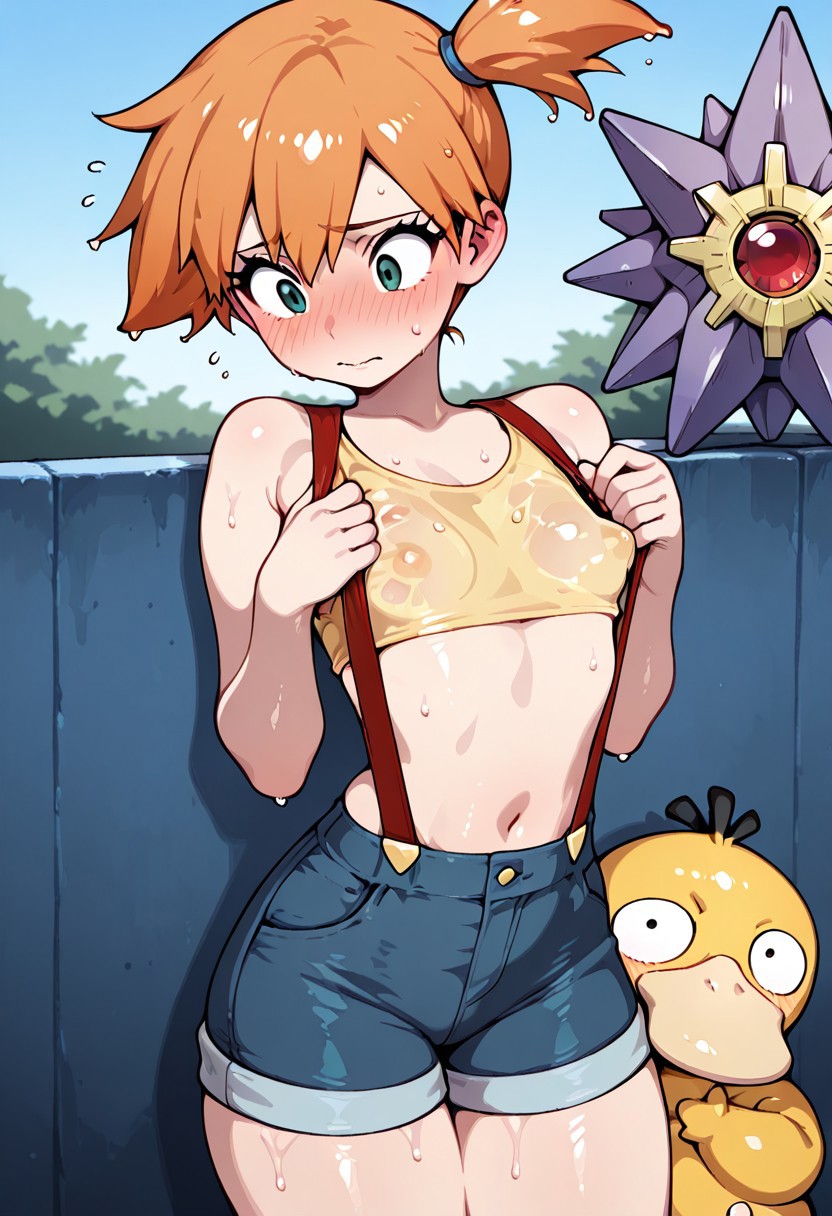ai generated, blue jean shorts, blush, embarrassed, female, flat chest, green eyes, kasumi (pokemon), orange hair, pokemon, pokemon (species), psyduck, puffy nipples, red suspenders, see-through clothing, starmie, suspenders, wet body, wet clothes, wet hair, yellow crop top