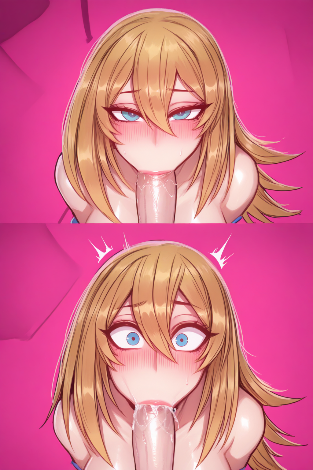 ai_generated blonde_hair blowjob blue_eyes cumming cumming_in_mouth dark_magician_girl fellatio long_hair nude_female orgasm semen surprised yu-gi-oh!