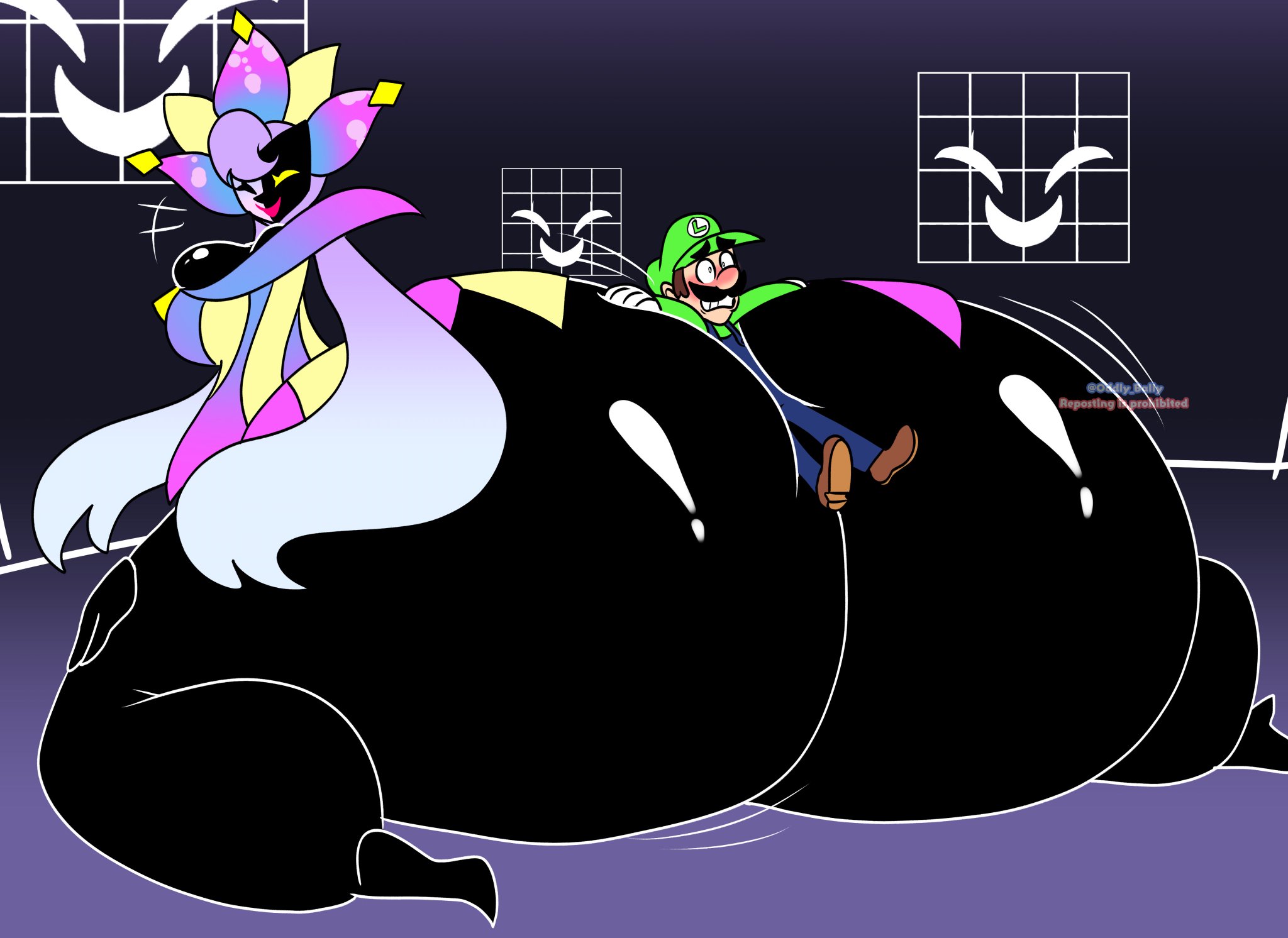 1boy, 1girls, ass, ass focus, big ass, black body, blue overalls, breasts, clothing, dimentio, enormous ass, facial hair, fat ass, female, genderswap, genderswap (mtf), giantess, gigantic ass, gloves, green hat, green shirt, huge ass, humanoid, indoors, kneeling, large ass, larger female, looking back, luigi, lying on ass, male, male/female, mario (series), massive ass, nightmare waifu, nintendo, oddly bally, overalls, paper mario, plump ass, rule 63, smile, super paper mario, thick ass, thick thighs, white gloves