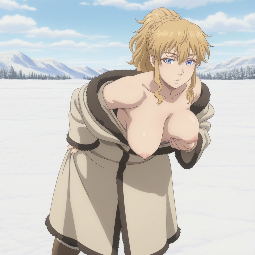 ai generated, areola, areolae, armpits, bare shoulders, big breasts, blonde female, blonde hair, blonde-haired female, blue eyes, breast grab, breast squeeze, breast squish, breasts, breasts bigger than head, breasts out, coat, day, female, female focus, female only, grabbing breasts, grabbing own breast, half-dressed, icelandic, large breasts, light skin, light-skinned female, messy hair, nipples, nordic, nordinex5, norse woman, open clothes, open jacket, outdoors, pale skin, pale-skinned female, perfect body, ponytail, snow, solo, solo female, solo focus, stable diffusion, tits out, undressing, viking female, vinland saga, ylva (vinland saga)