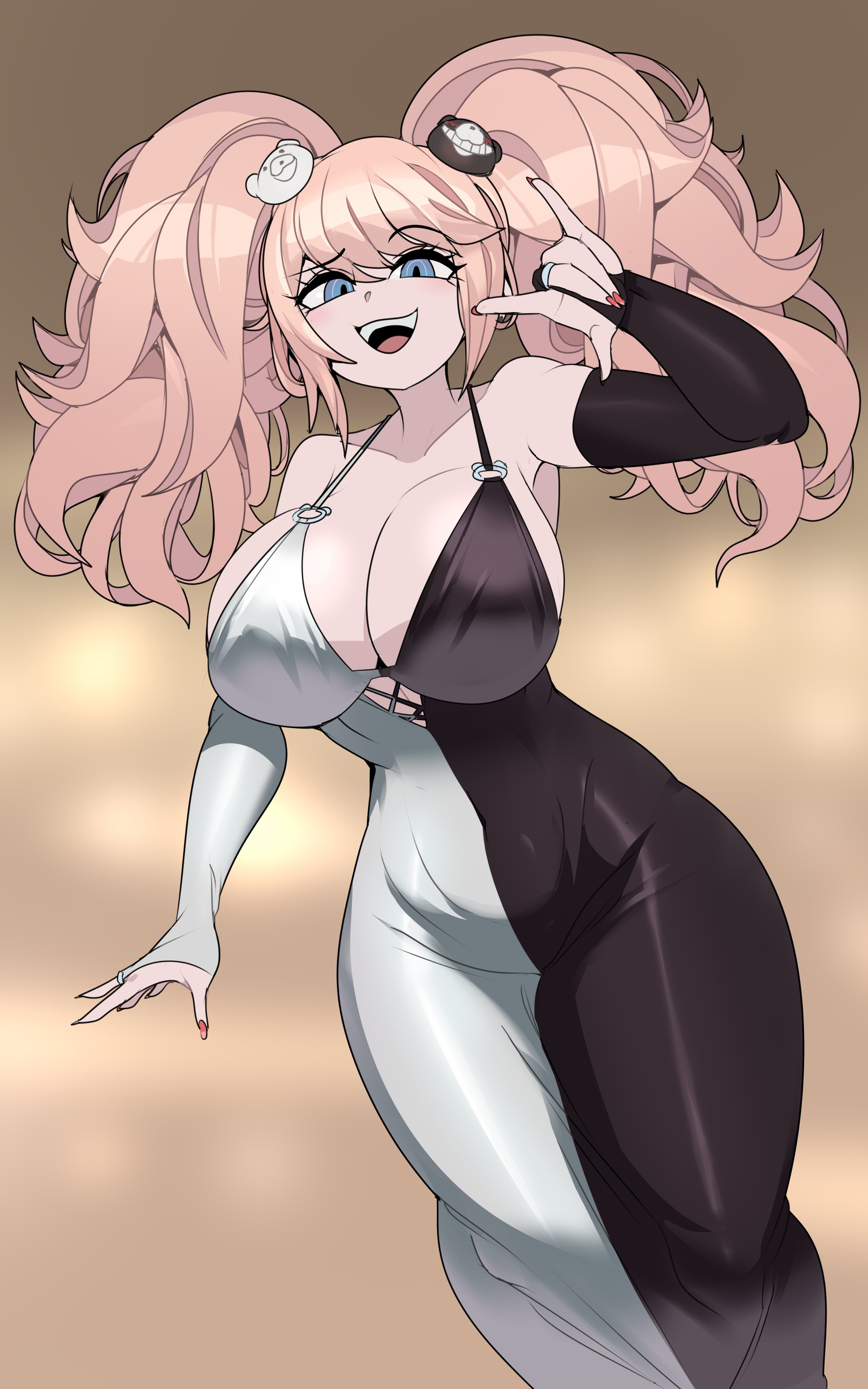 1girls, big breasts, big thighs, black and white clothing, blonde female, blonde hair, blue eyes, breasts, busty, busty female, captain kirb, clothed sex, commission, curvaceous, curvy, curvy body, curvy female, curvy figure, curvy hips, danganronpa, danganronpa: trigger happy havoc, dress, evening gown, female, female only, hair tied, hourglass figure, huge breasts, junko enoshima, large breasts, light-skinned female, no bra, no sex, provocative, smiley face, smirking at viewer, solo, strawberry blonde hair, that one random junko dress trend, tight clothing, tight dress, voluptuous, voluptuous female, white and black dress, younger female