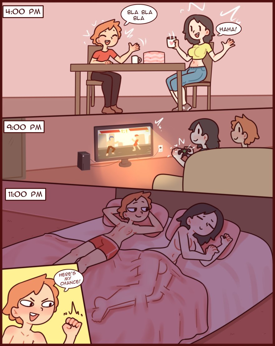 1boy, 1boys, 1futa, bed, big breasts, breasts, comic, comic page, dark hair, femboy, futanari, intersex, light skin, light-skinned futa, light-skinned male, male, nude, nude futa, orange hair, red7cat, tagme, text