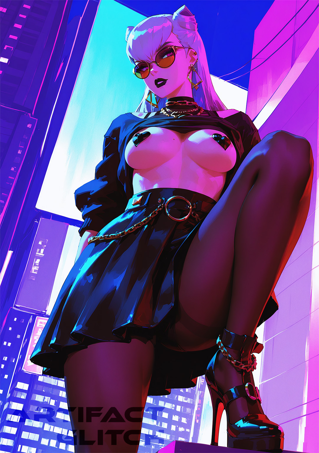 ai generated, artifactglitch, black lipstick, breasts, earrings, evelynn, female, high heels, jewelry, k/da all out evelynn, k/da all out series, league of legends, nipples covered, pantyhose, shirt lift, silver hair, skirt, yellow eyes