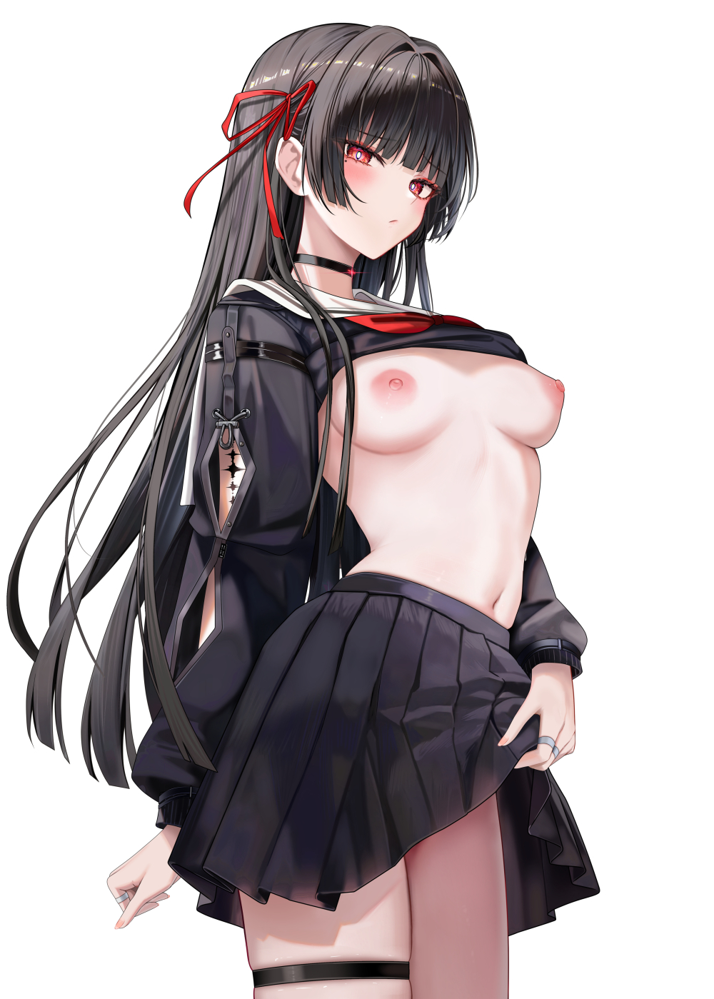 1girls, belly, belly button, black chocker, black eyelashes, black hair, blunt bangs, blush, blushing at viewer, breasts, breasts out, chisa (wuthering waves), choker, color, colored, dark hair, embarrassed, embarrassed female, exposed breasts, female, female focus, female only, hair ribbon, hime cut, kuro games, leather strap, leather straps, legband, lifted shirt, lifting skirt, light skin, light-skinned female, looking at viewer, mole, mole under eye, navel, nipples, partially clothed, partially clothed female, pleated skirt, red eyes, red ribbon, ribbon, ring, rings, ru zhai, school uniform, serafuku, shirt, shy, skindentation, skinny, skinny female, skirt, solo, solo focus, stomach, tacet mark (wuthering waves), thigh strap, thighs, tummy, wuthering waves