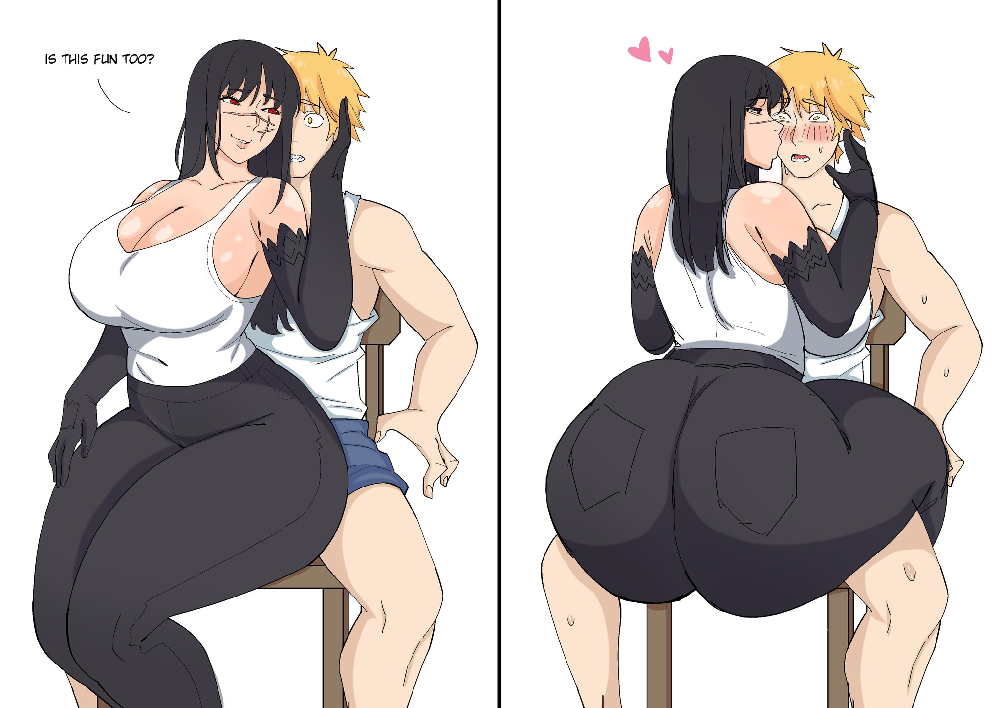 1boy1girl, 1girl1boy, 1girls, 2020s, 2d, 2d (artwork), alternate ass size, alternate body type, alternate breast size, asking, asolhoe, big breasts, black hair, blush, blushing at partner, blushing male, bubble ass, bubble butt, chainsaw man, chair, color, color edit, colored, curvaceous, curvaceous figure, curves, curvy body, curvy female, curvy figure, curvy hips, curvy thighs, dat ass, dat butt, denji (chainsaw man), devil (chainsaw man), digital drawing (artwork), digital media (artwork), fully clothed, hand on face, heart symbol, huge ass, huge butt, jeans, kissing, kissing cheek, monochrome, no background, orange hair, round ass, round butt, seductive, seductive look, seductive smile, simple background, sitting between legs, slim thick, slim torso, slim waist, teasing, teasing with butt, thick ass, thick thighs, twitter link, two frame image, two frame sequence, wide hips, yoru (chainsaw man)