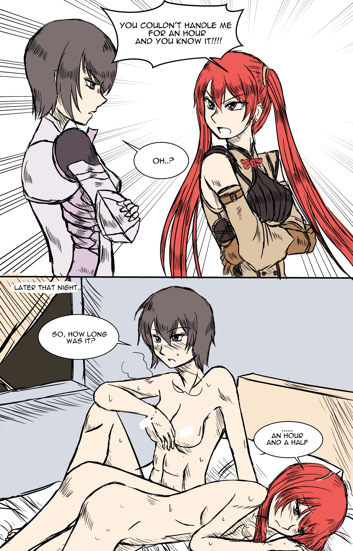 2girls, abs, after sex, armor, artist request, blush, english, english text, female, female only, fire emblem, fire emblem awakening, gameplay mechanics, gloves, highres, kjelle (fire emblem), long hair, multiple females, multiple girls, nude, red hair, ruined for marriage, scribble censor, severa (fire emblem), short hair, steam, sweat, text, tied hair, twintails, yuri