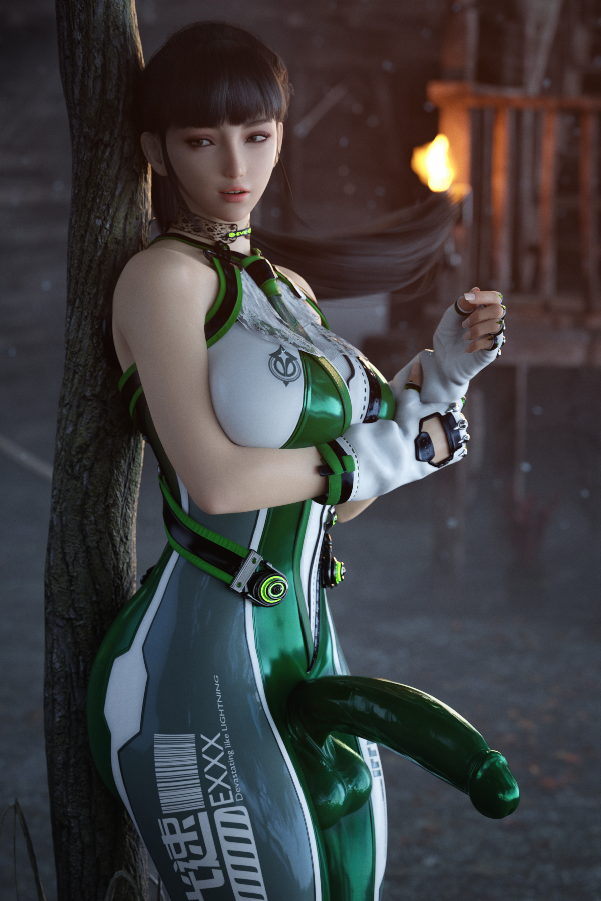 1futa, 3d, bulge through clothing, casual, casual erection, clothing, eve (stellar blade), futa only, futanari, human, intersex, latex, latex clothing, latex cock, pale skin, penis, solo, stellar blade, stevencarson