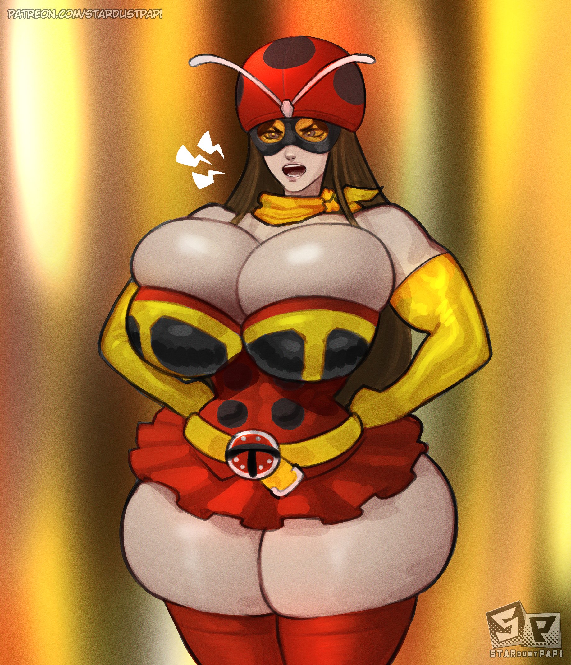2d, 2d (artwork), 2d artwork, annoyed, annoyed expression, big ass, big breasts, big thighs, brown hair, cleavage, clothing, female, hat, ignantastro, kamen rider, ladybug print, okada yuriko, stardustpapi, thick, thick ass, thick hips, thick legs, thick thighs, toujima tanzaburou wa kamen rider ni naritai