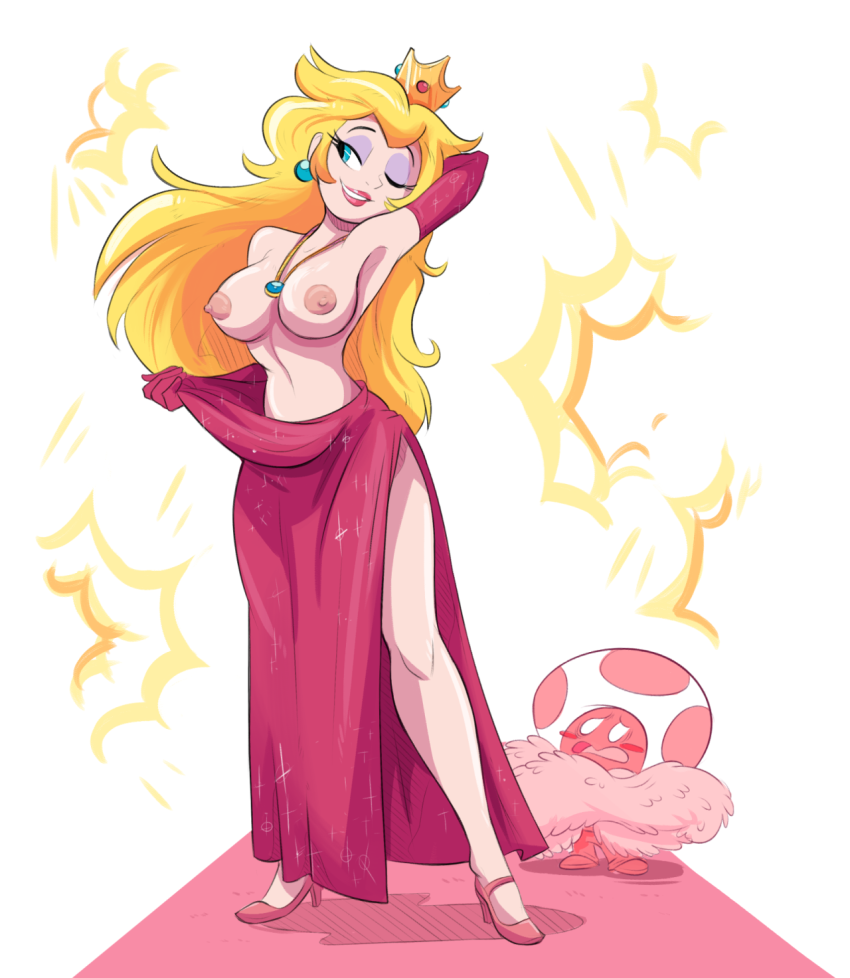 1girls armpits dress elbow_gloves eyeshadow gloves herny high_heels hourglass_figure lipstick makeup male mario_(series) nintendo nipples princess_peach red_carpet sequin_dress sexy_armpits shoes super_mario_all-stars tagme toad_(mario) topless undressing wink