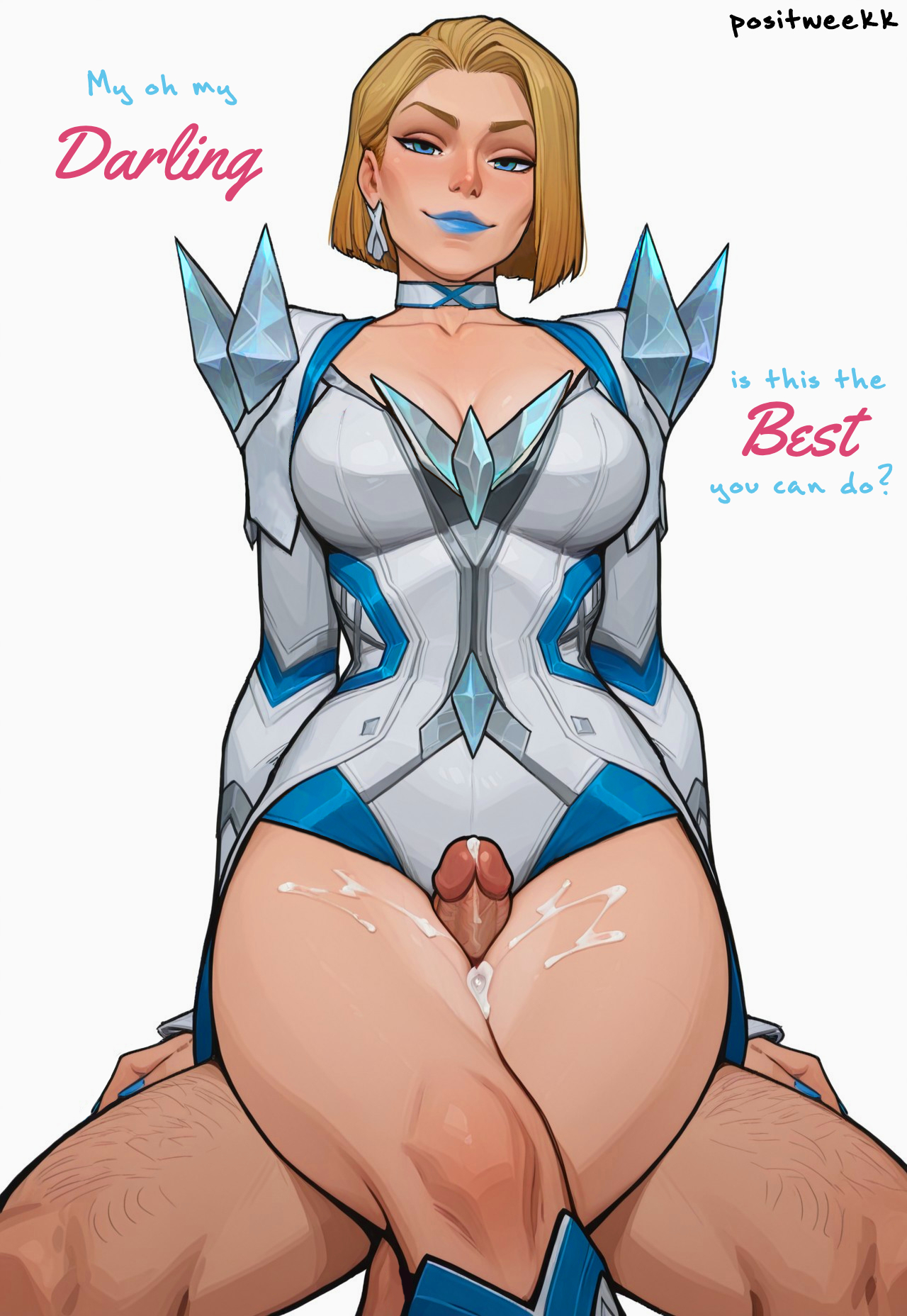 1boy, 1girls, ai generated, ass, between legs, between thighs, big ass, big breasts, big thighs, blonde female, blonde hair, blue eyes, blue lipstick, blue nails, bob cut, breasts, bust, busty, caucasian, caucasian female, chest, closed mouth, closed mouth smile, cum, cum on thighs, curvaceous, curvy, curvy figure, digital media (artwork), ejaculation, emma frost, emma frost (marvel rivals), female, hellfire club, hips, hourglass figure, huge ass, huge breasts, huge thighs, large ass, large breasts, large thighs, legs, light skin, light-skinned female, male, male/female, marvel, marvel comics, marvel rivals, mature, mature female, mature male, mutant, mutant (marvel), orgasm, outercourse, penis, penis between legs, penis between thighs, positweekk, slim waist, straight, thick, thick hips, thick legs, thick thighs, thigh sex, thighjob, thighs, voluptuous, waist, white queen, wide hips, wide thighs, x-men