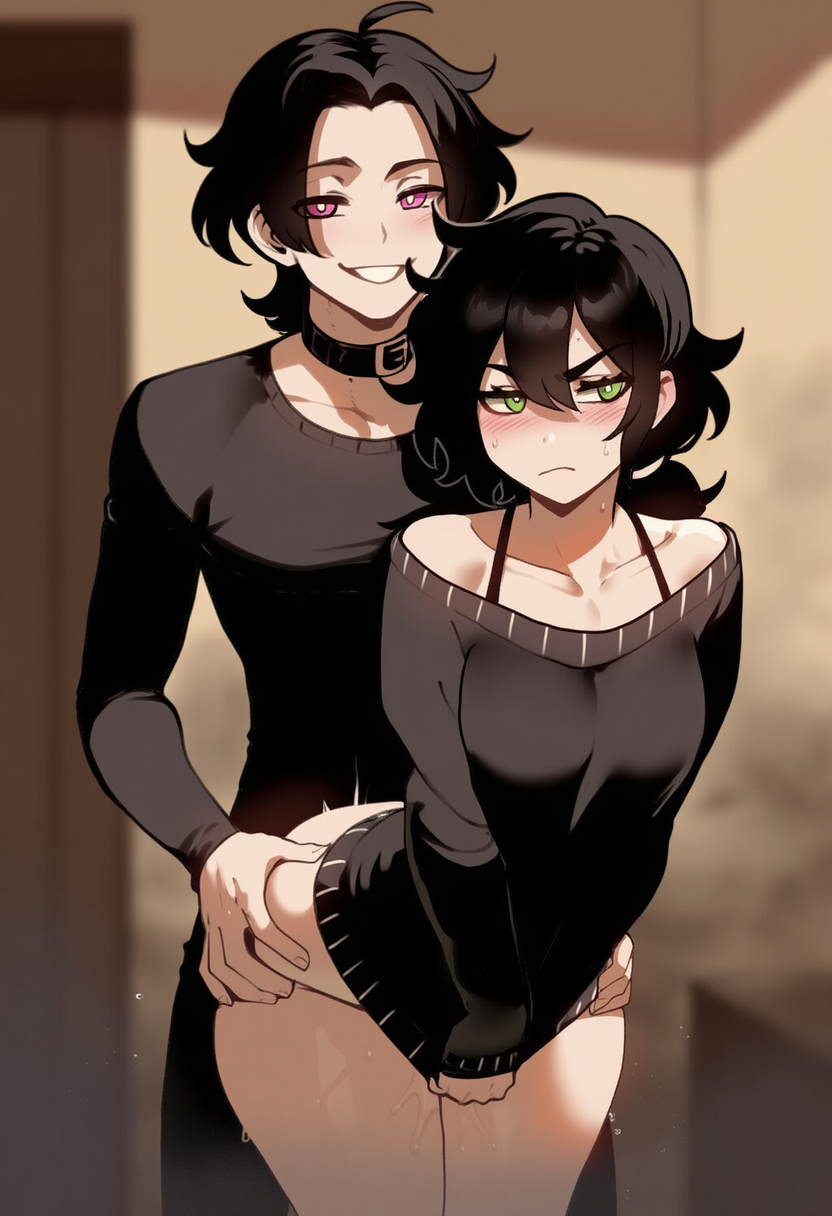 1boy 1girls ai_generated anal anal_sex andrew_graves ashley_graves ass_grab black_shirt black_sweater blush brother_and_sister female genderswap genderswap_(ftm) genderswap_(mtf) green_eyes hands_to_sweater incest looking_at_viewer male no_pants pink_eyes pussy_juice_drip rule_63 sex_from_behind siblings sweat the_coffin_of_andy_and_leyley thrusting